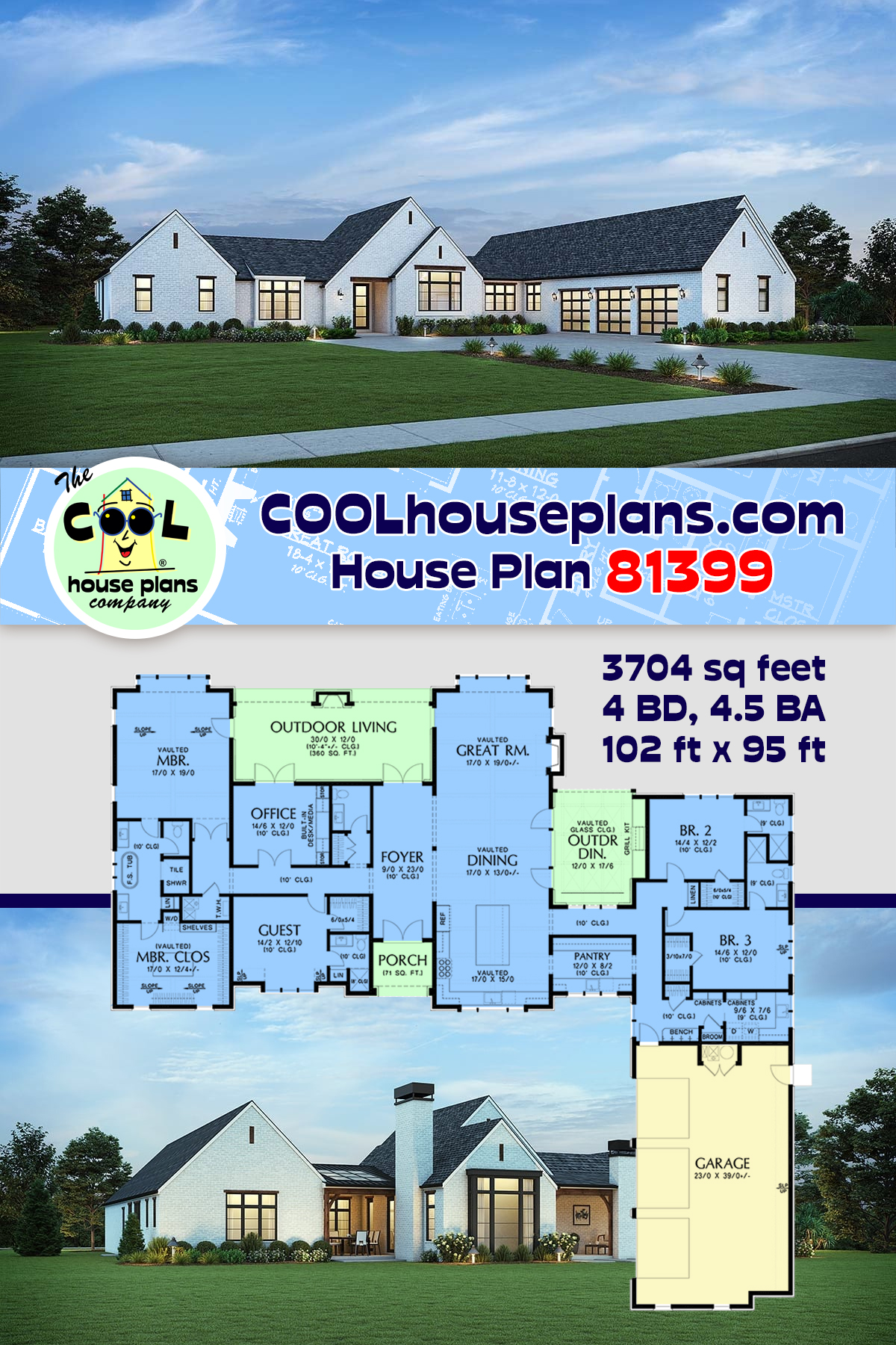 European, Farmhouse, Ranch, Traditional House Plan 81399 with 4 Beds, 5 Baths, 3 Car Garage