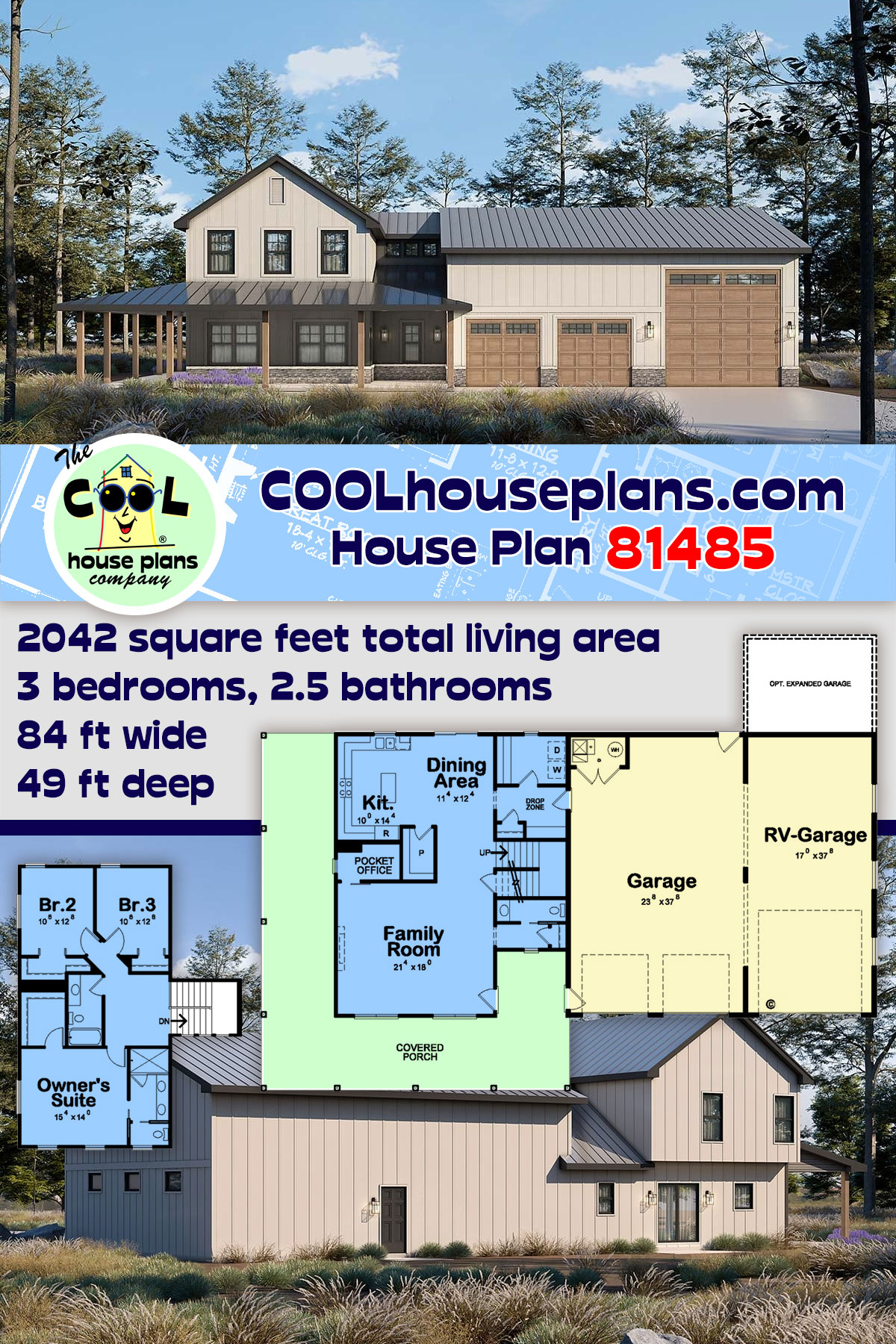 Barndominium, Farmhouse House Plan 81485 with 3 Beds, 3 Baths, 3 Car Garage