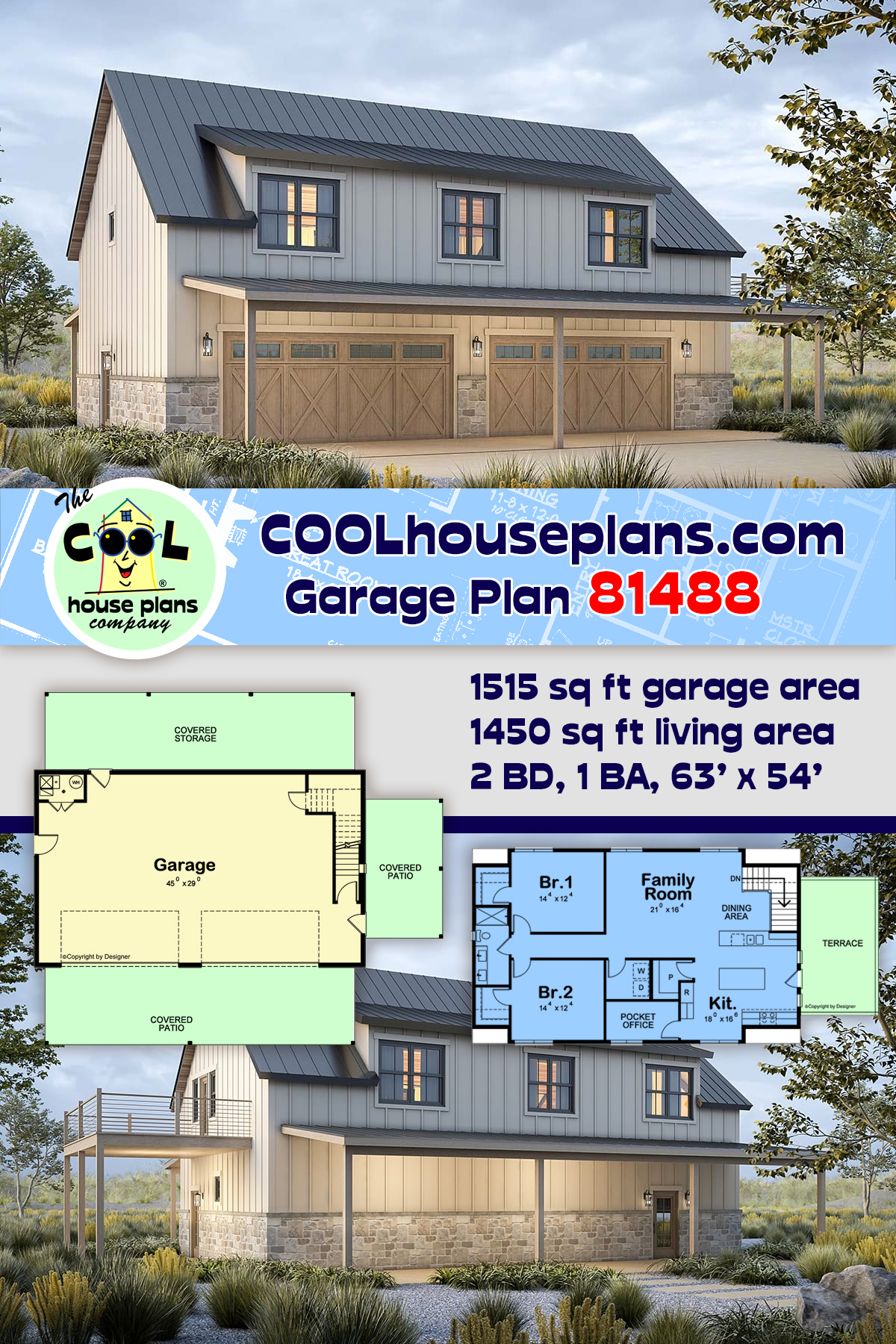 Barndominium, Country Garage-Living Plan 81488 with 2 Beds, 1 Baths, 4 Car Garage
