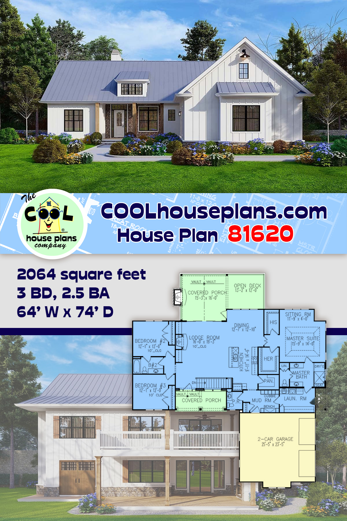 Country, Farmhouse House Plan 81620 with 3 Beds, 3 Baths, 2 Car Garage