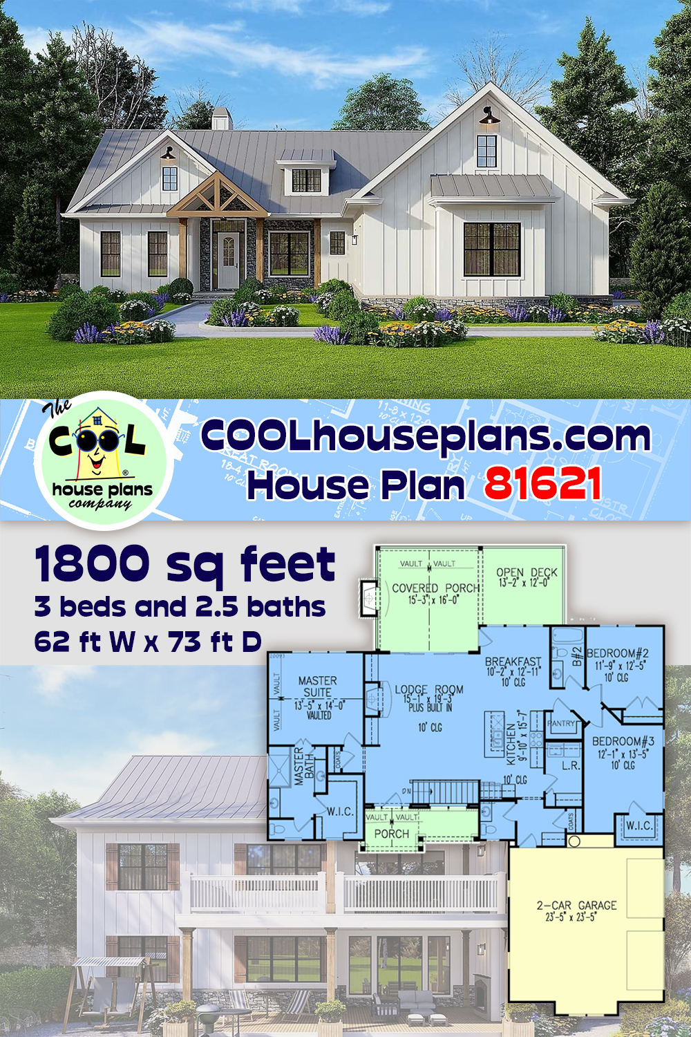 Country, Farmhouse, New American, Traditional House Plan 81621 with 3 Beds, 3 Baths, 2 Car Garage