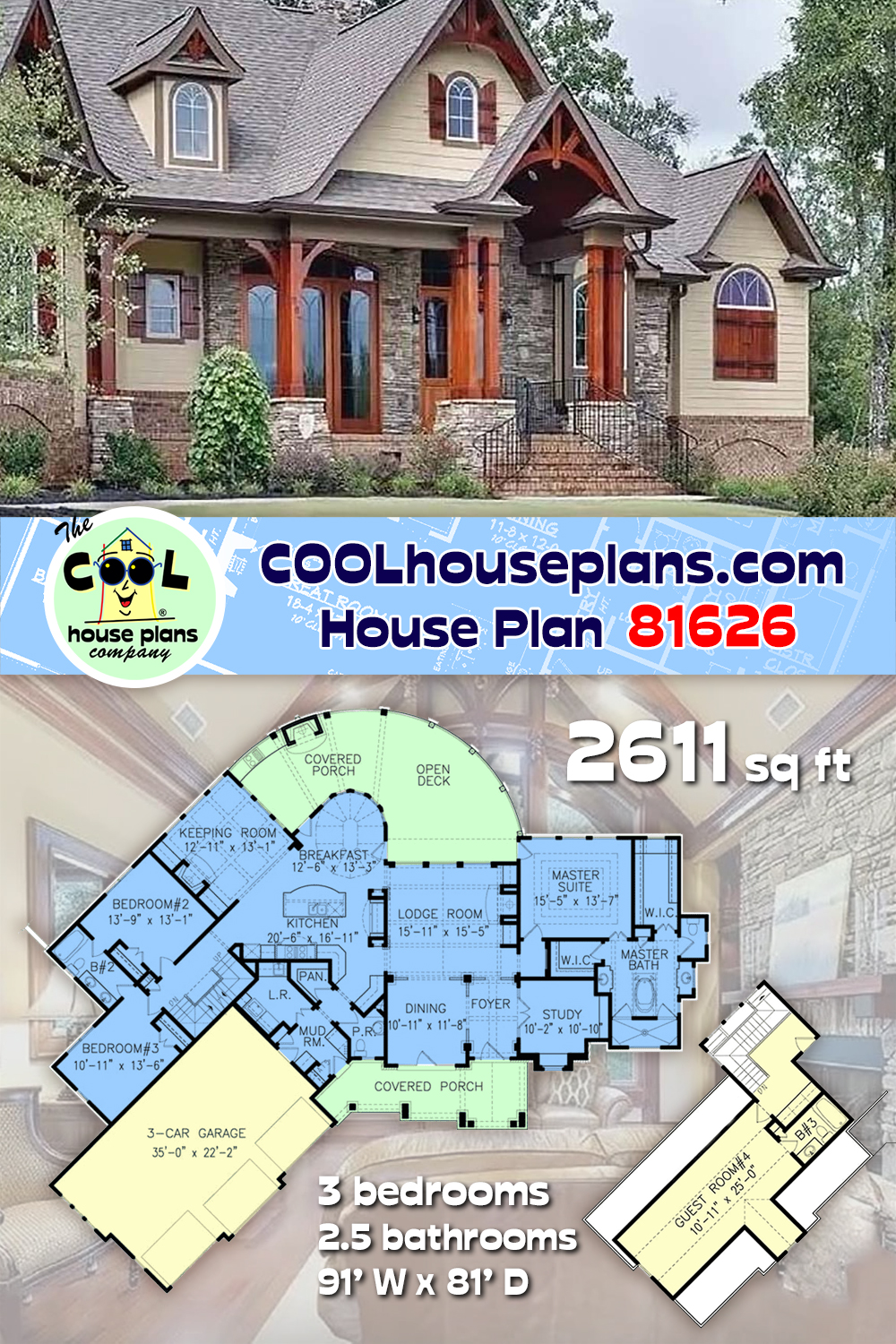 Craftsman, New American, Ranch, Tuscan House Plan 81626 with 3 Beds, 3 Baths, 3 Car Garage