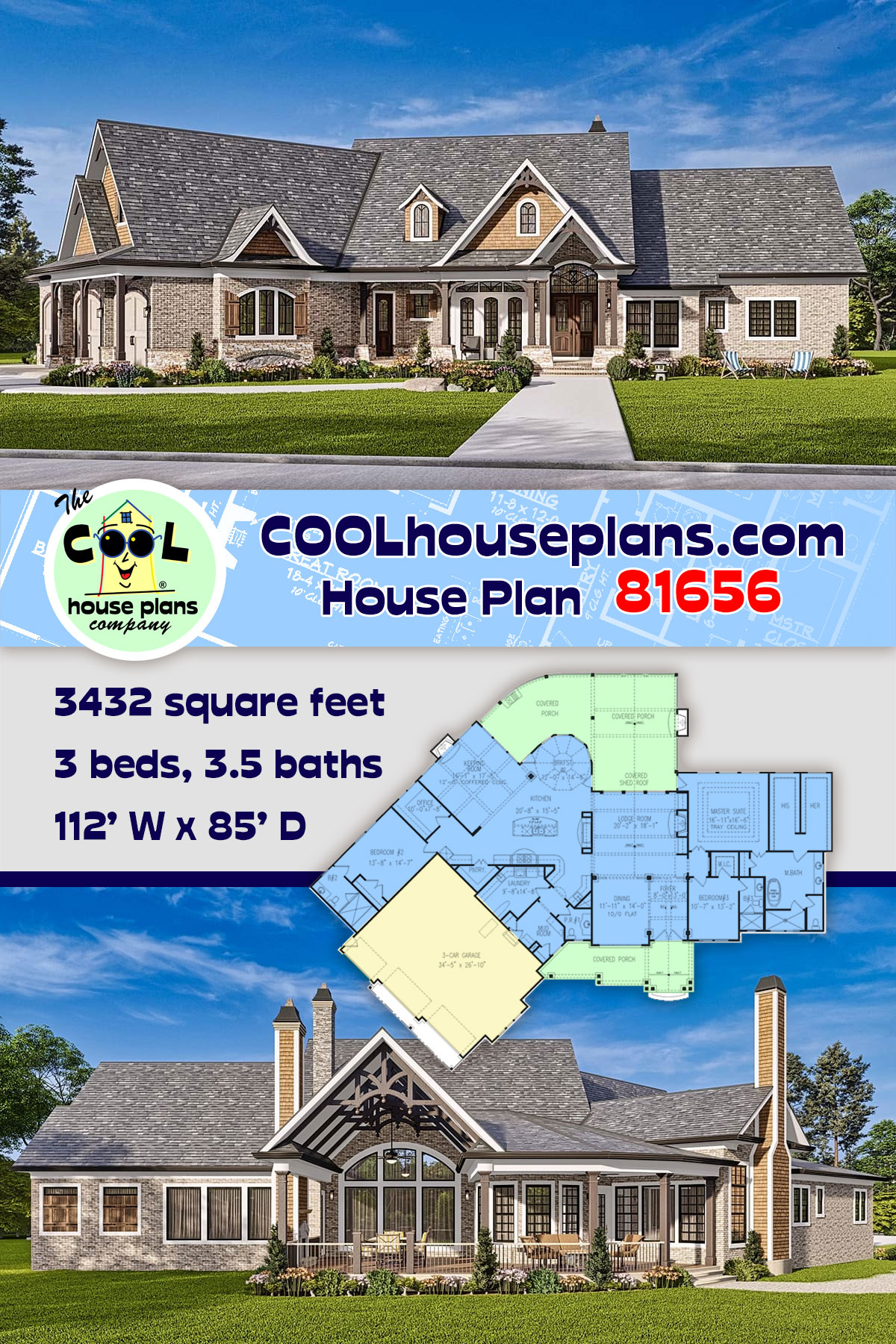 Craftsman, New American, Ranch, Traditional House Plan 81656 with 3 Beds, 4 Baths, 3 Car Garage