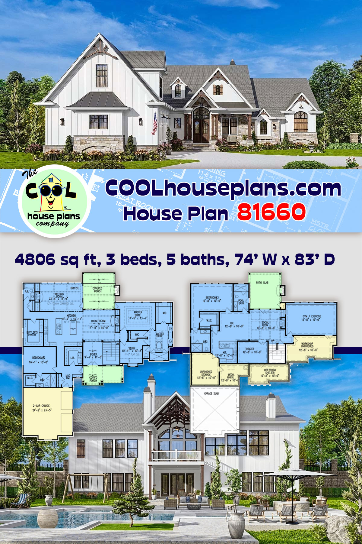 Country, Craftsman, New American House Plan 81660 with 3 Beds, 5 Baths, 2 Car Garage