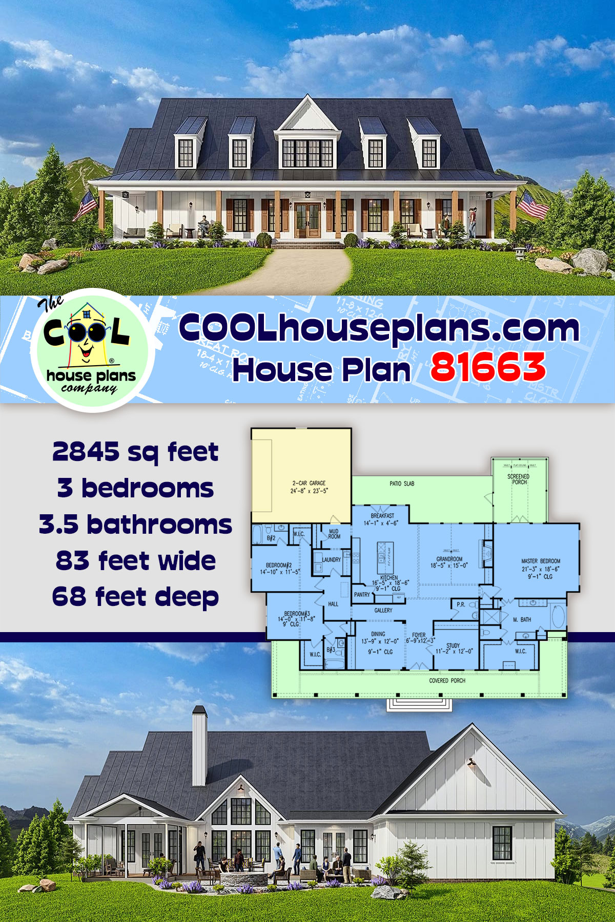 Country, Farmhouse House Plan 81663 with 3 Beds, 4 Baths, 2 Car Garage
