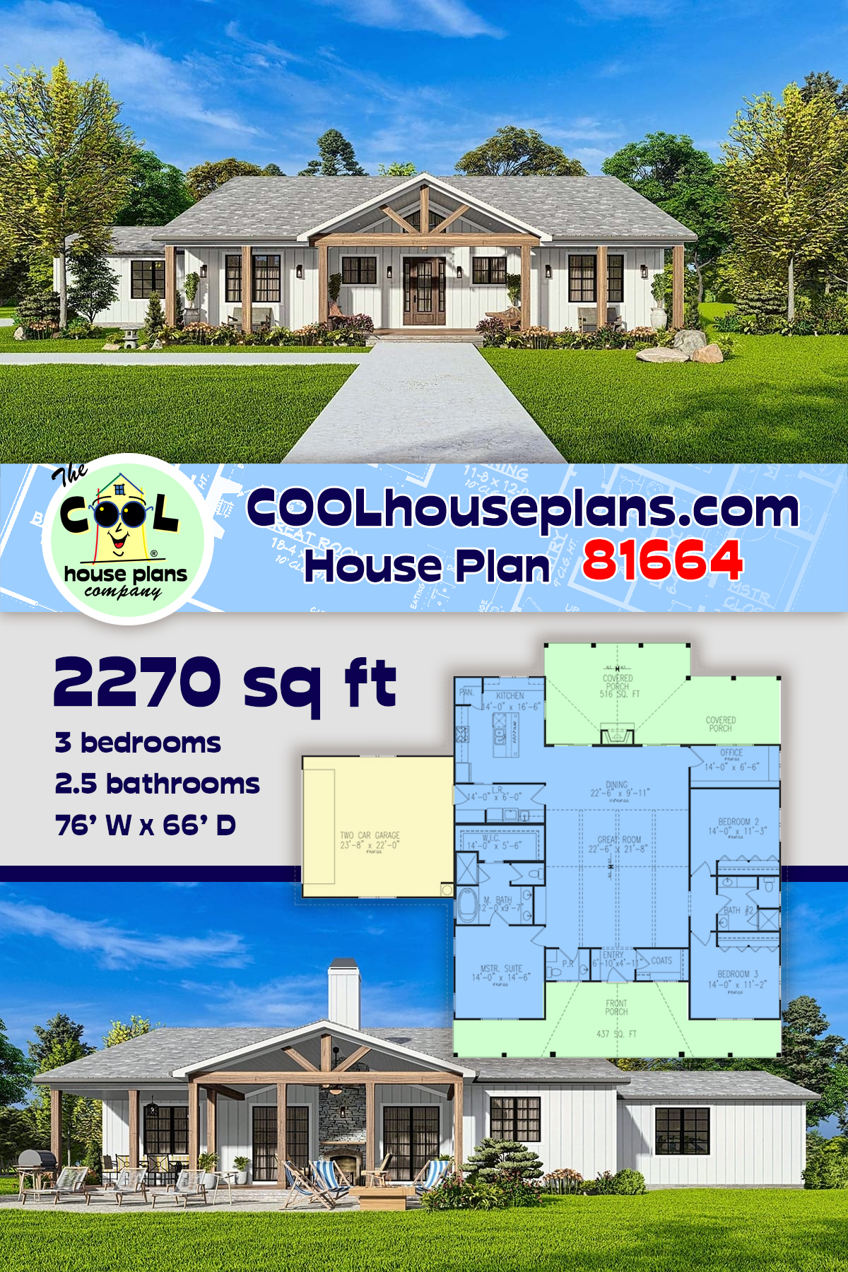 Country, Craftsman, Ranch House Plan 81664 with 3 Beds, 3 Baths, 2 Car Garage