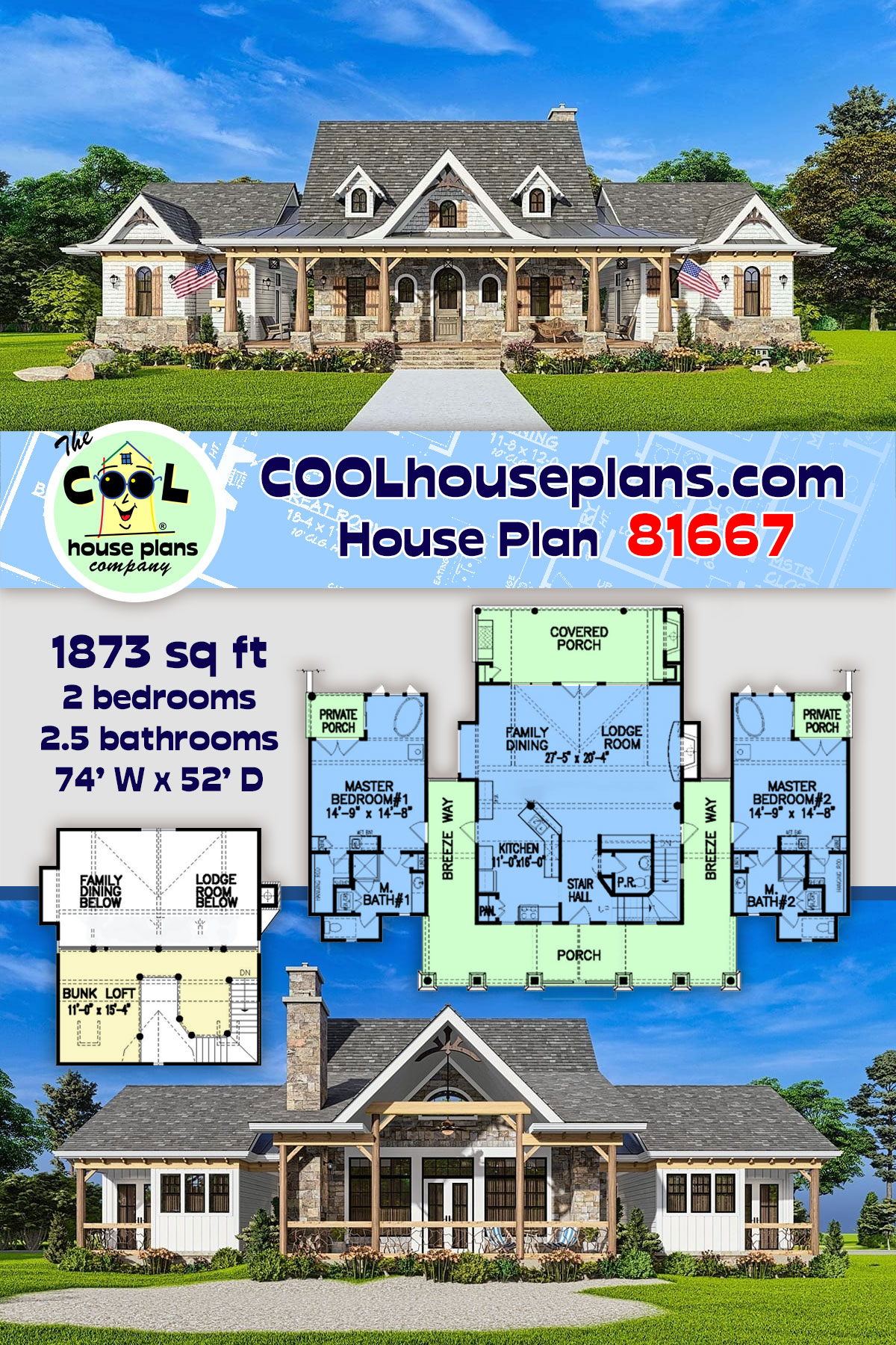 Cabin, Ranch House Plan 81667 with 2 Beds, 3 Baths