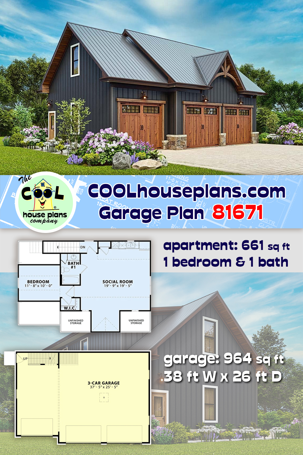 Country, Craftsman, Traditional Garage-Living Plan 81671 with 1 Beds, 1 Baths, 3 Car Garage