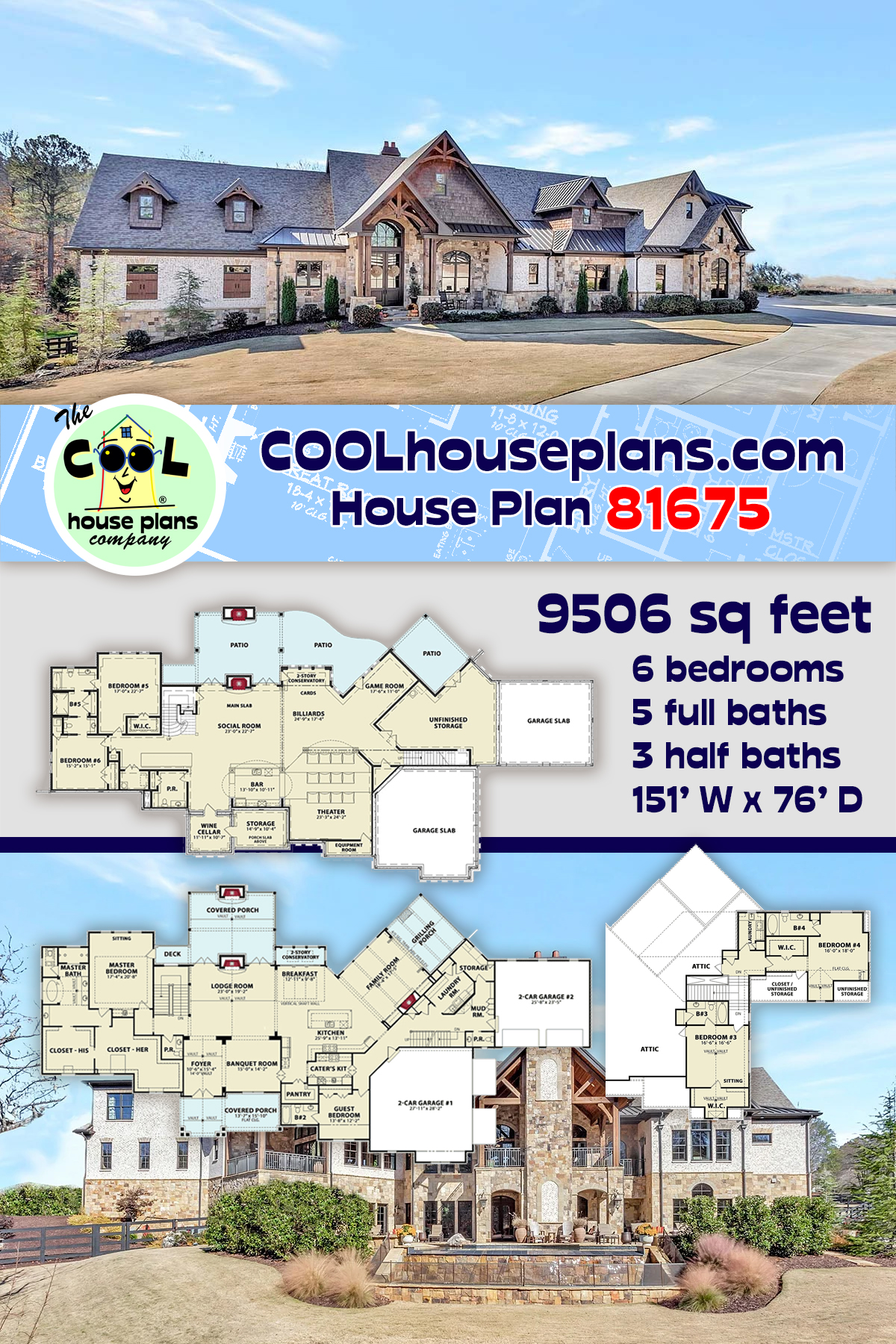 Coastal, Craftsman, Traditional House Plan 81675 with 6 Beds, 7 Baths, 4 Car Garage