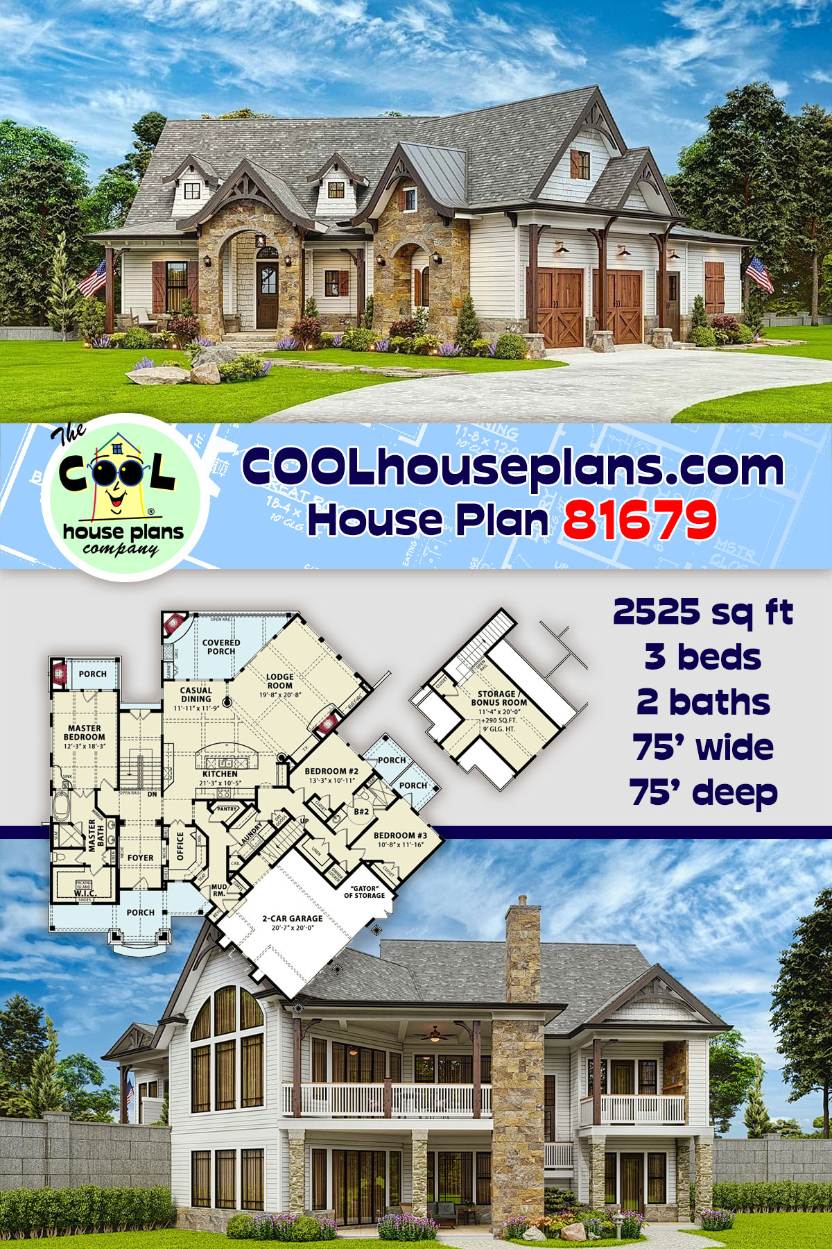 Country, Craftsman House Plan 81679 with 3 Beds, 2 Baths, 2 Car Garage