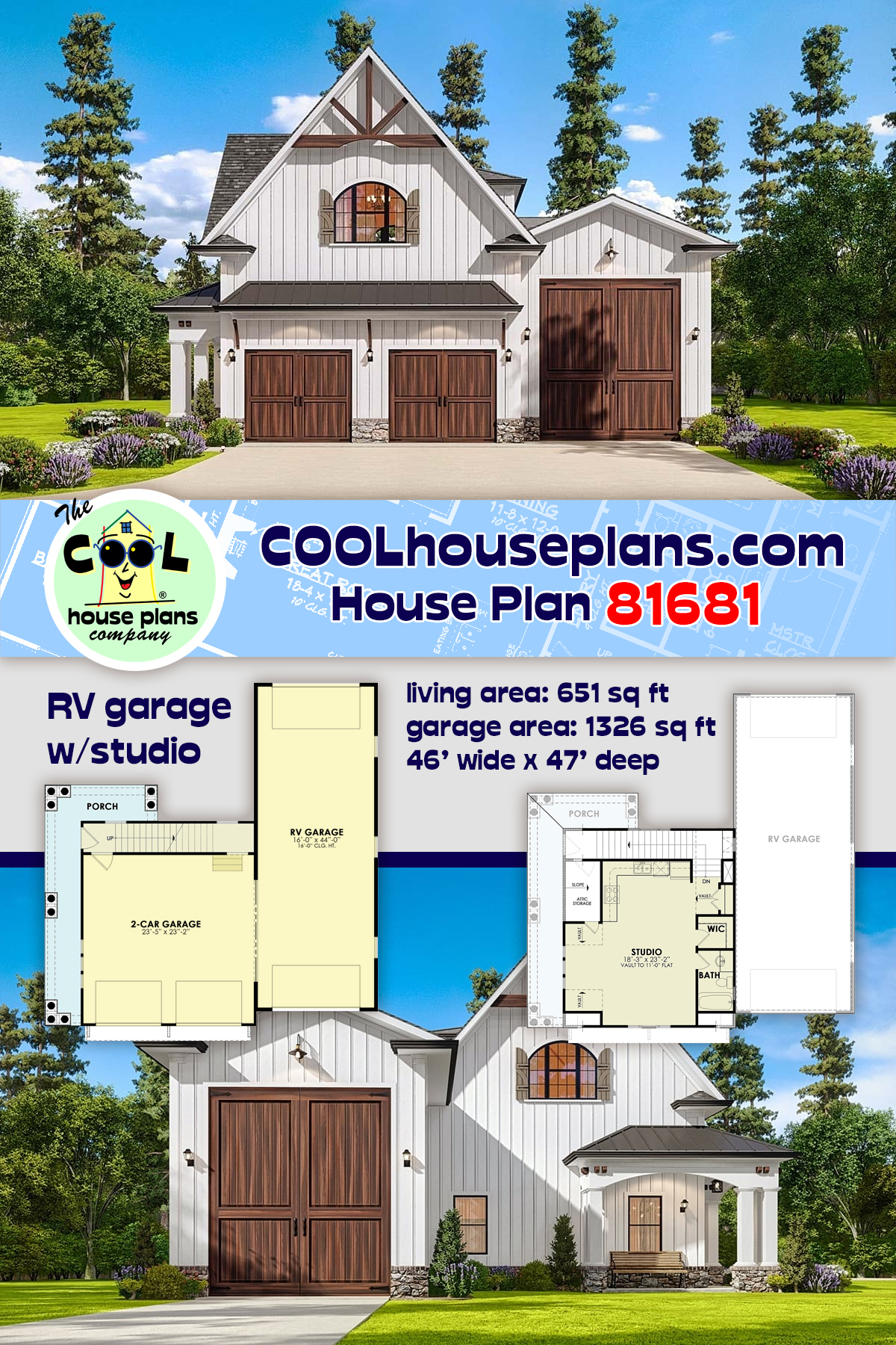 Cottage, Craftsman, European, French Country Garage-Living Plan 81681, 2 Car Garage