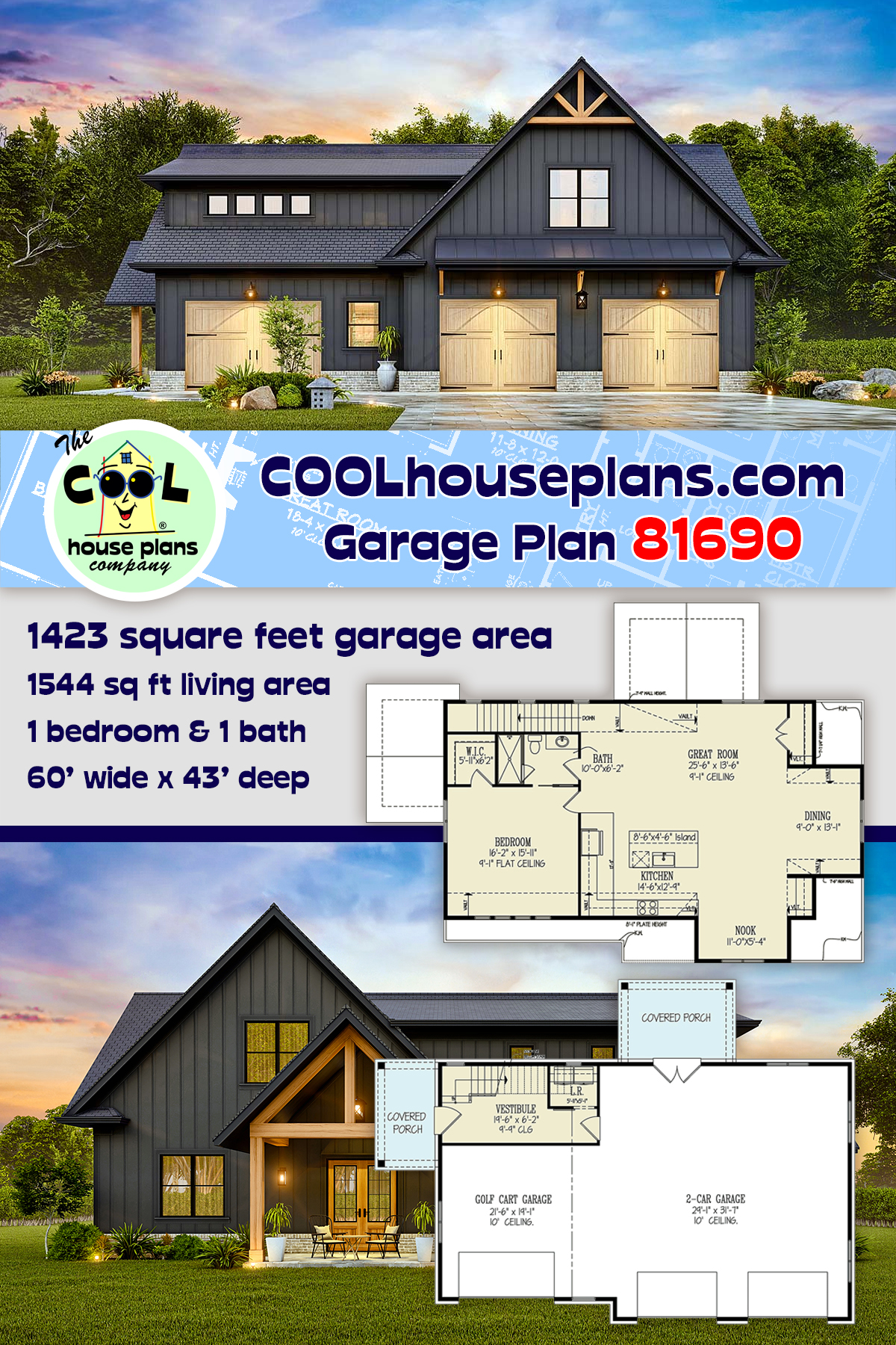 Barndominium, Cottage, Country, Craftsman Garage-Living Plan 81690 with 1 Beds, 1 Baths, 3 Car Garage