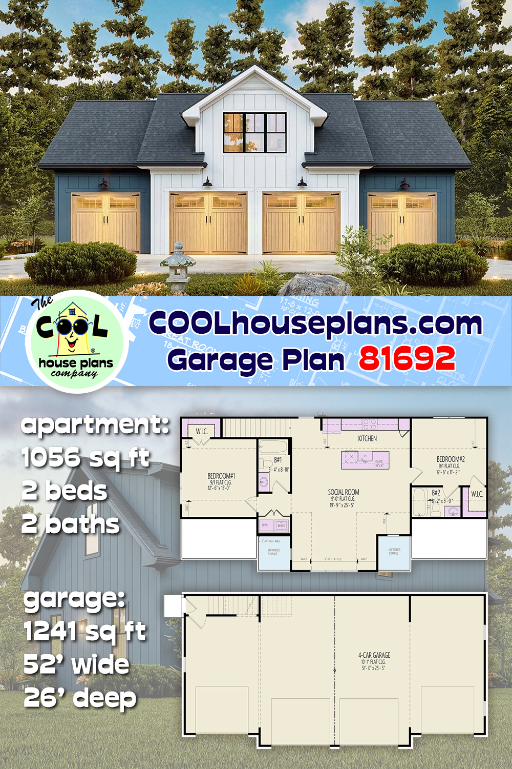 Country, Farmhouse, Traditional Garage-Living Plan 81692 with 2 Beds, 2 Baths, 4 Car Garage