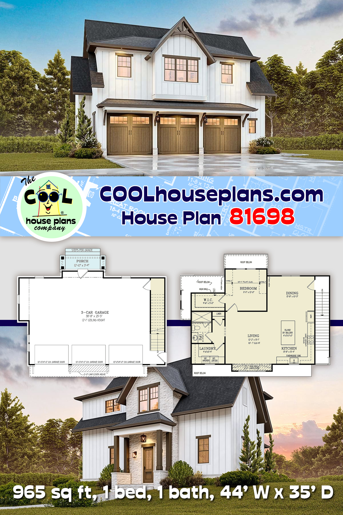 Contemporary, Country, Craftsman, Farmhouse Garage-Living Plan 81698 with 1 Beds, 1 Baths, 3 Car Garage