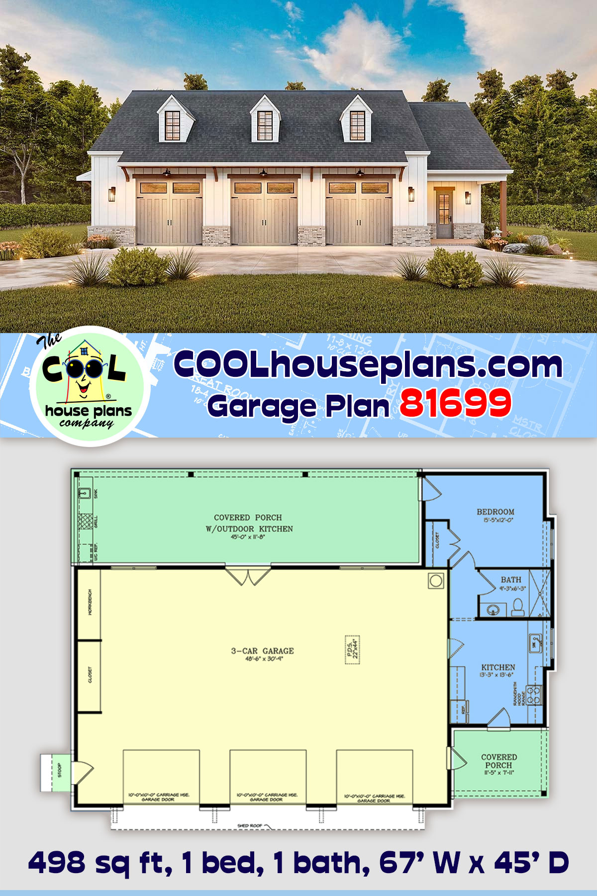 Contemporary, Country, Craftsman, Farmhouse, New American, Traditional Garage-Living Plan 81699 with 1 Beds, 1 Baths, 3 Car Garage