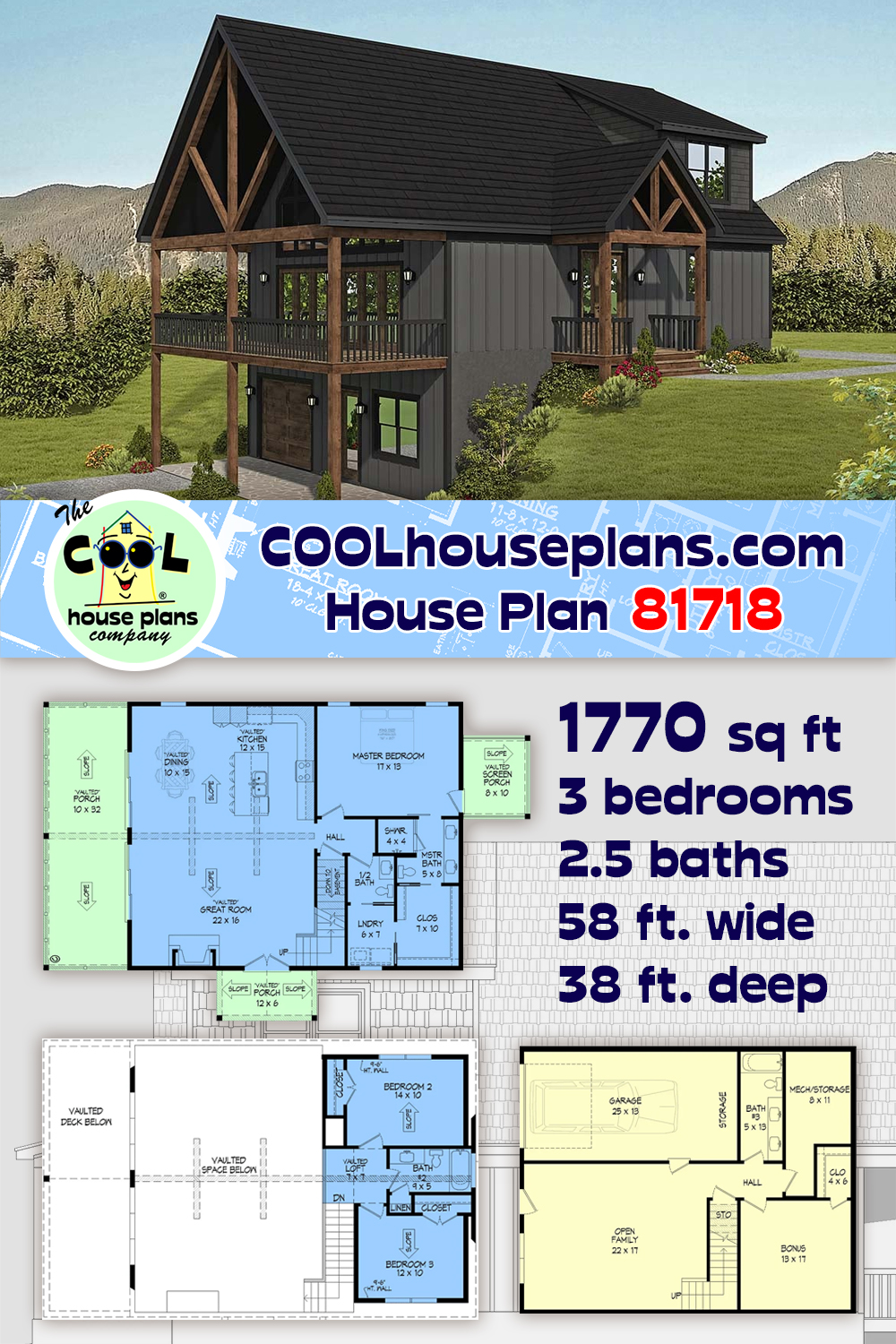 Cabin, Country, Prairie, Traditional House Plan 81718 with 3 Beds, 3 Baths, 1 Car Garage