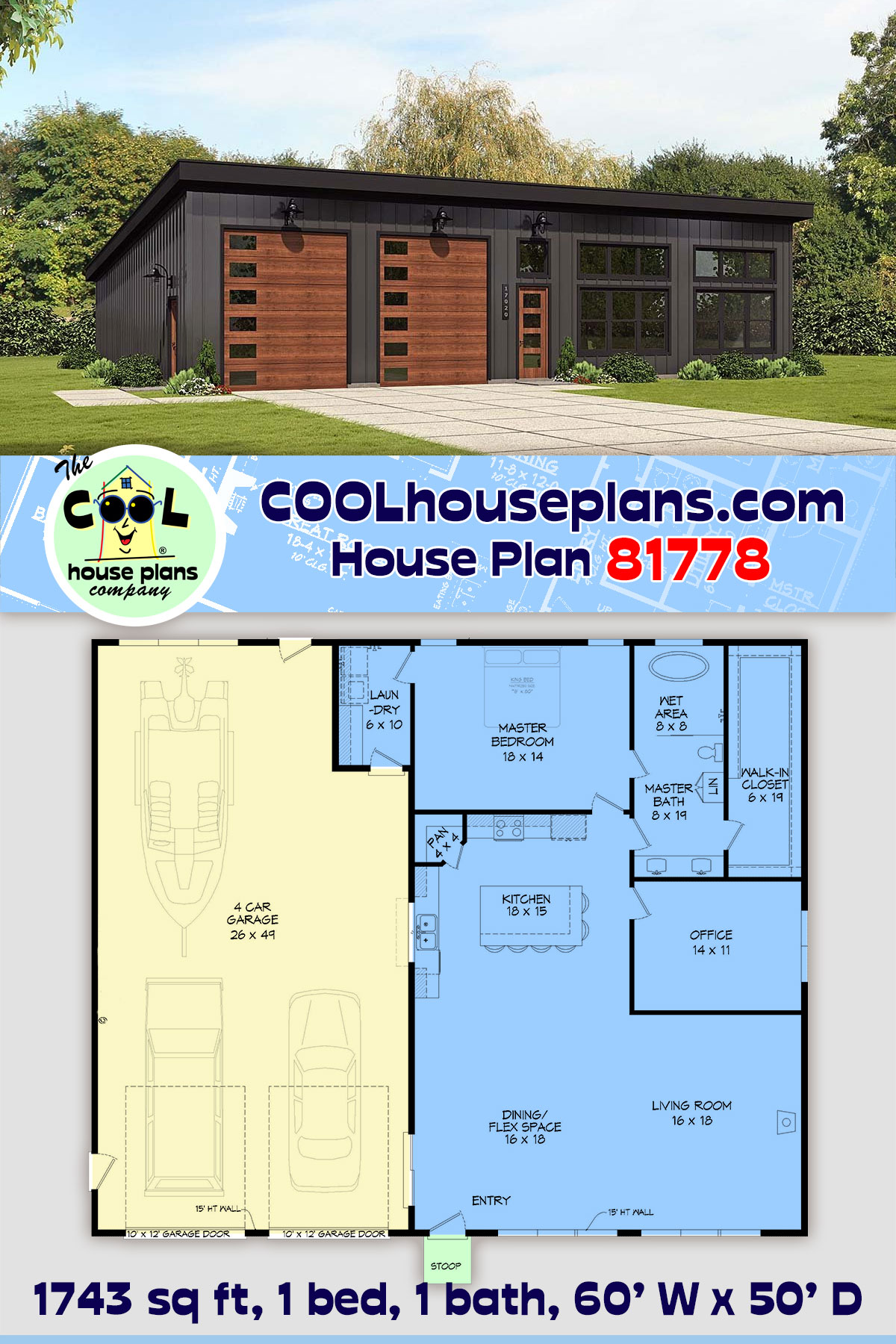 Contemporary, Modern Garage-Living Plan 81778 with 1 Beds, 1 Baths, 3 Car Garage