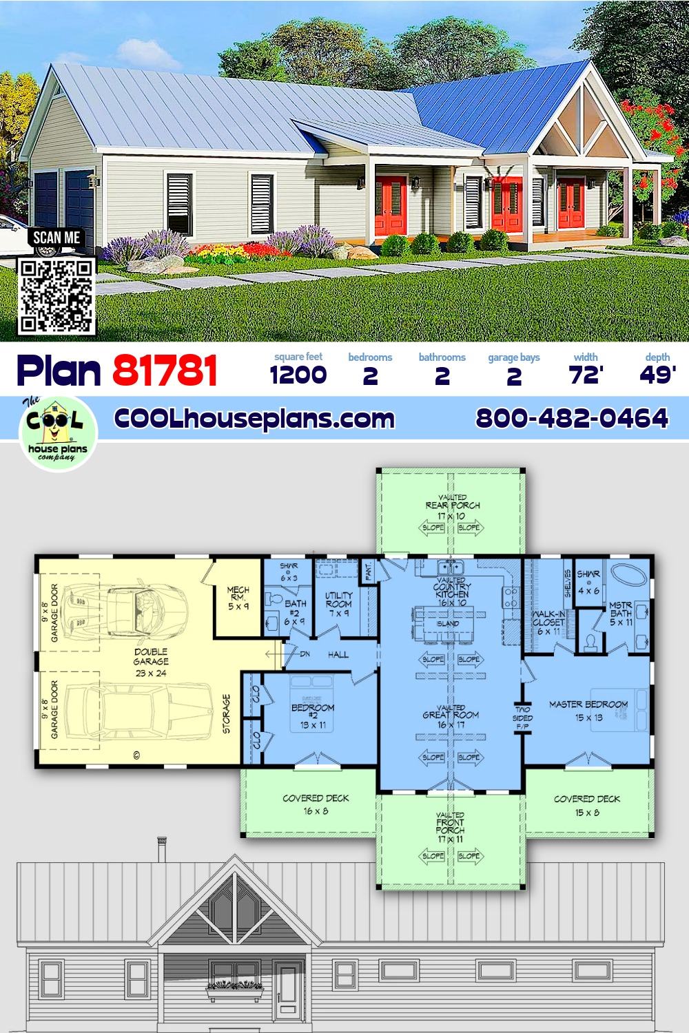 Cabin, Country, Farmhouse, New American, Ranch, Traditional House Plan 81781 with 2 Beds, 2 Baths, 2 Car Garage