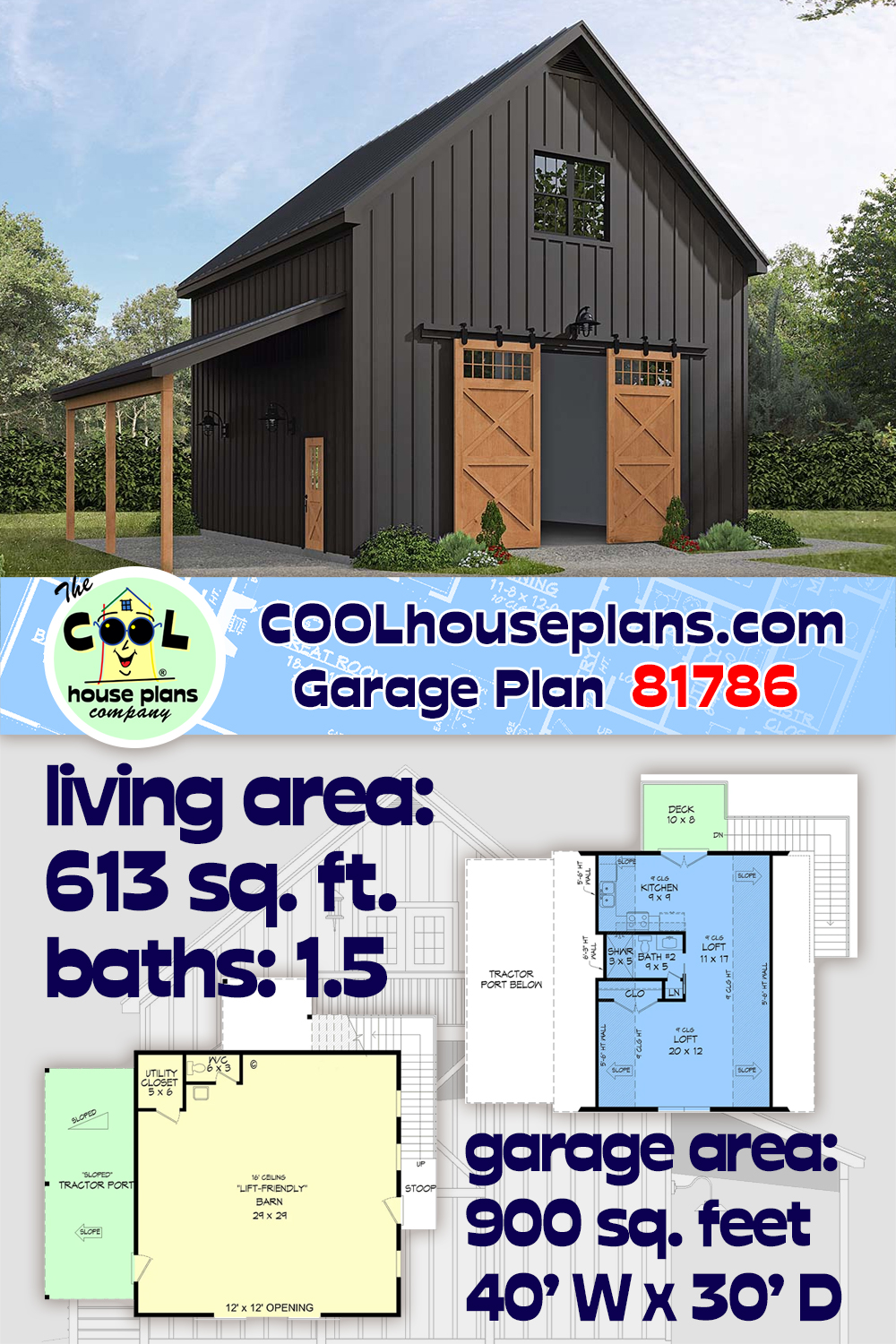 Barndominium, Country, Farmhouse Garage-Living Plan 81786, 3 Car Garage