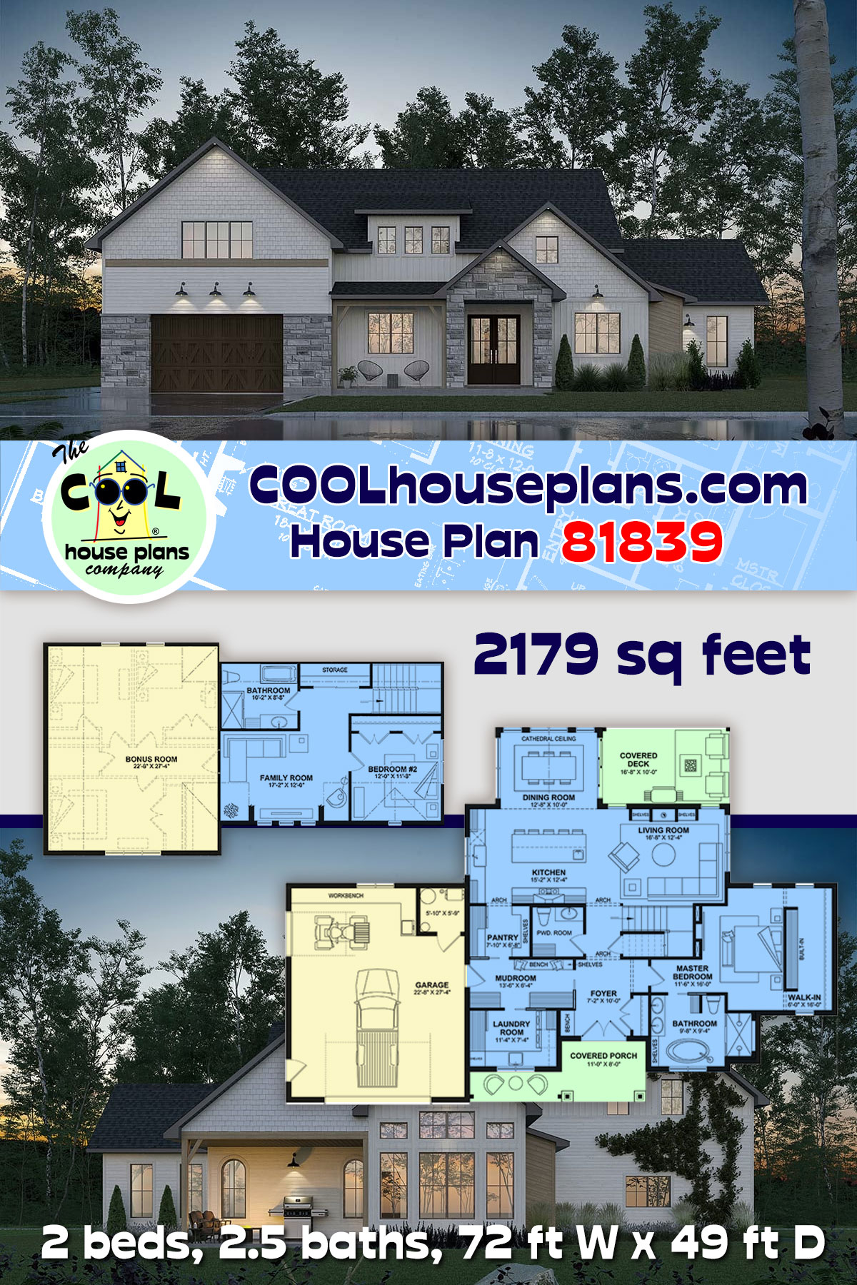Cape Cod, Country, Craftsman, Farmhouse, French Country House Plan 81839 with 2 Beds, 3 Baths, 1 Car Garage