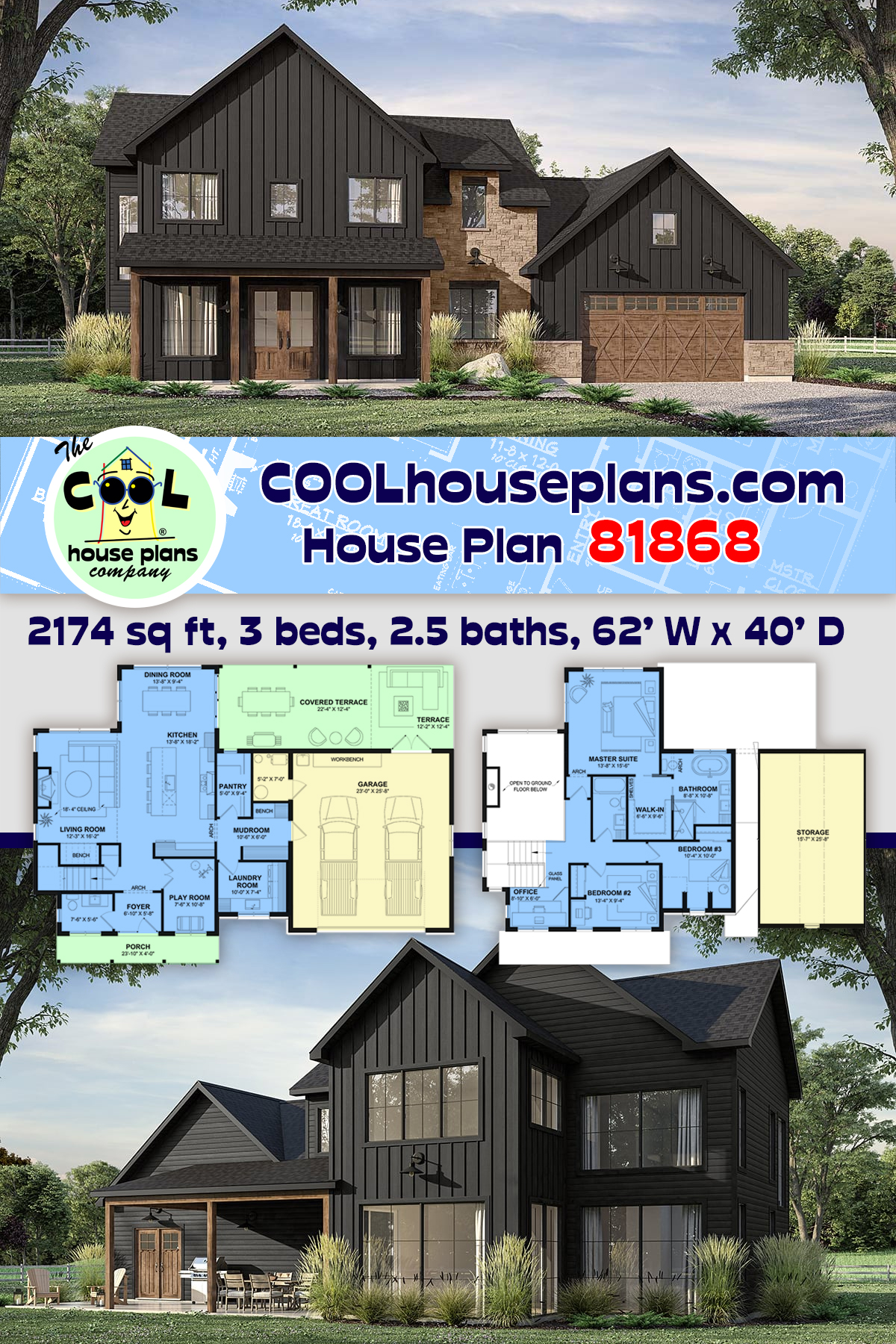 Country, Farmhouse, New American, Traditional House Plan 81868 with 3 Beds, 3 Baths, 2 Car Garage