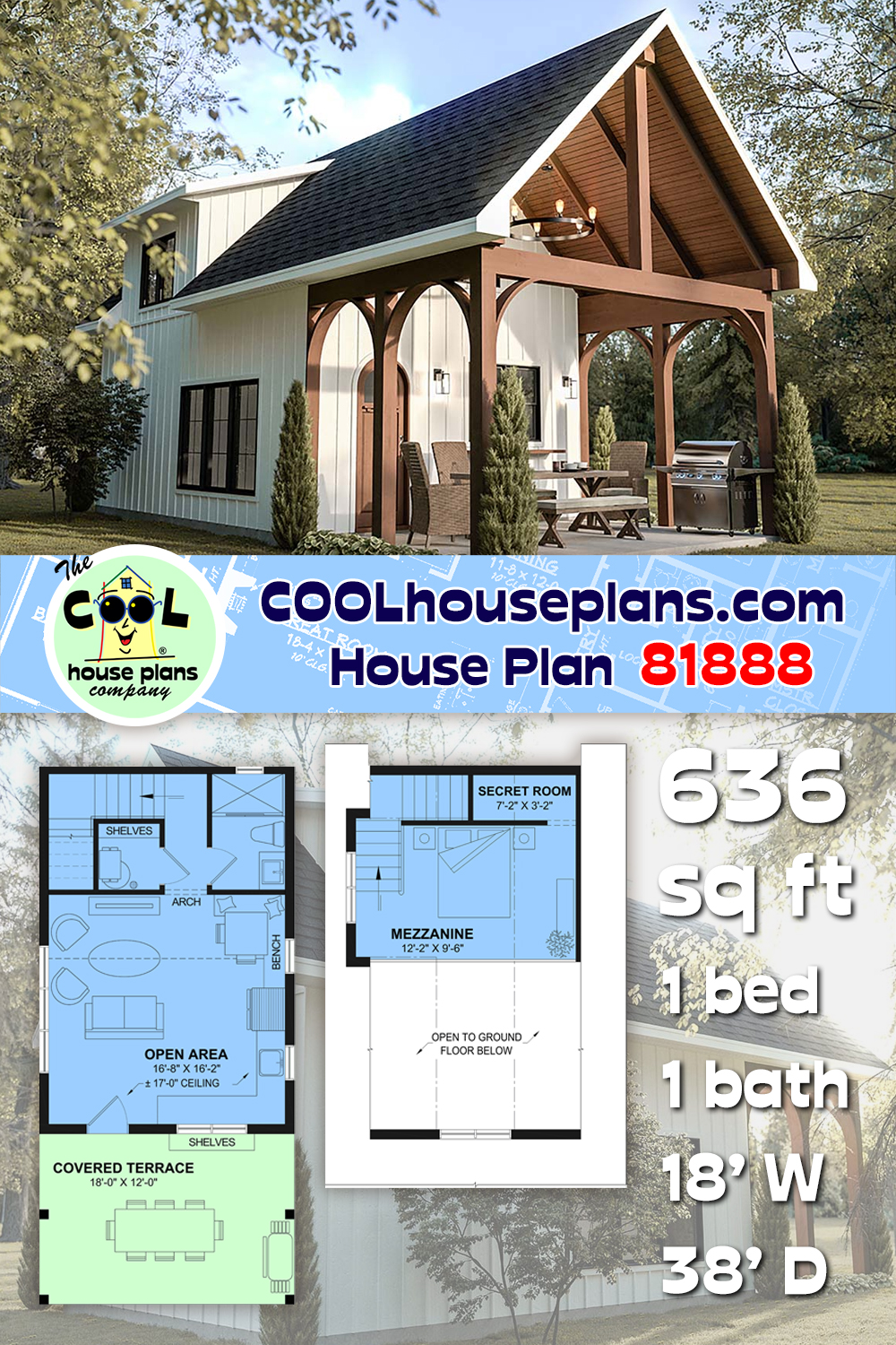 Contemporary, Craftsman, Narrow Lot House Plan 81888 with 1 Beds, 1 Baths