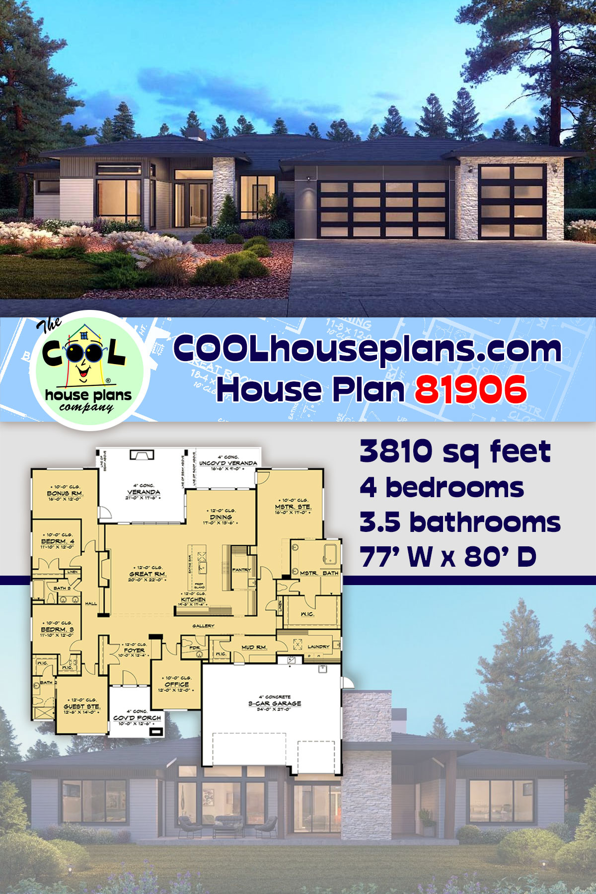 Contemporary, Modern, Prairie House Plan 81906 with 4 Beds, 4 Baths, 3 Car Garage