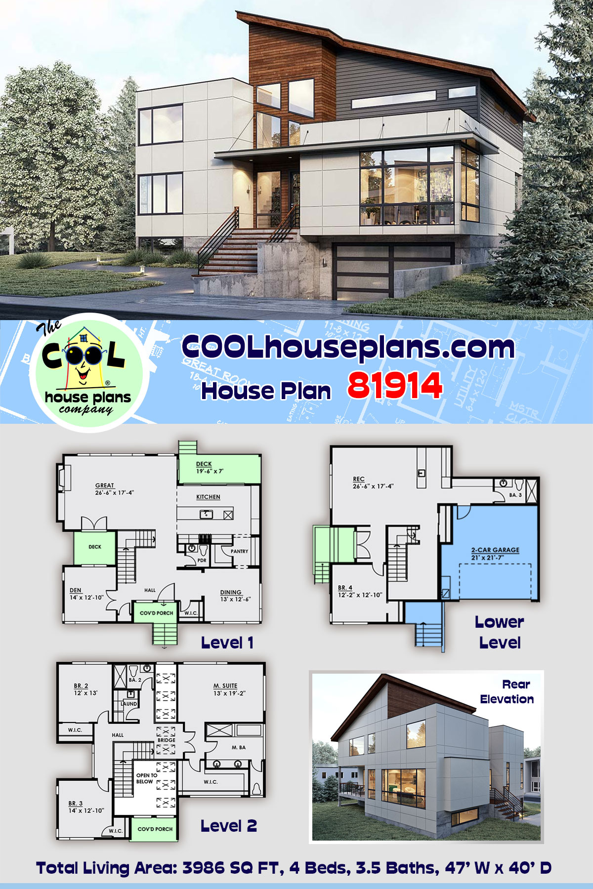 Modern House Plan 81914 with 4 Beds, 4 Baths, 2 Car Garage