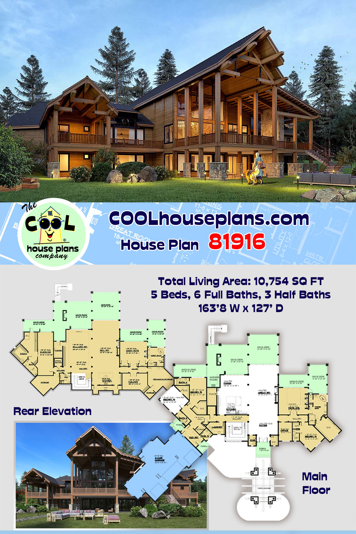 House Plan 81916 - Log Style with 10754 Sq Ft, 5 Bed, 6 Bath, 3 H