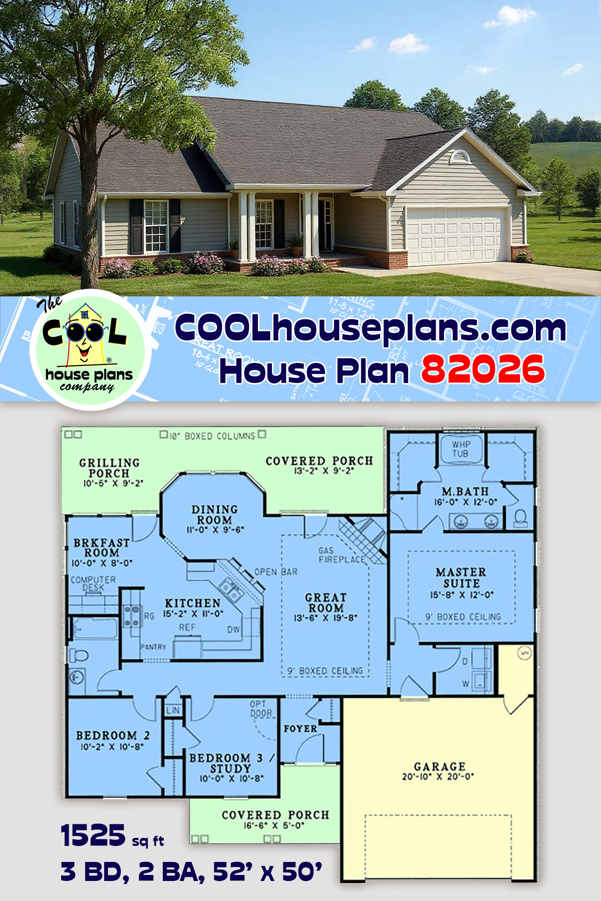 Ranch House Plan 82026 with 3 Beds, 2 Baths, 2 Car Garage