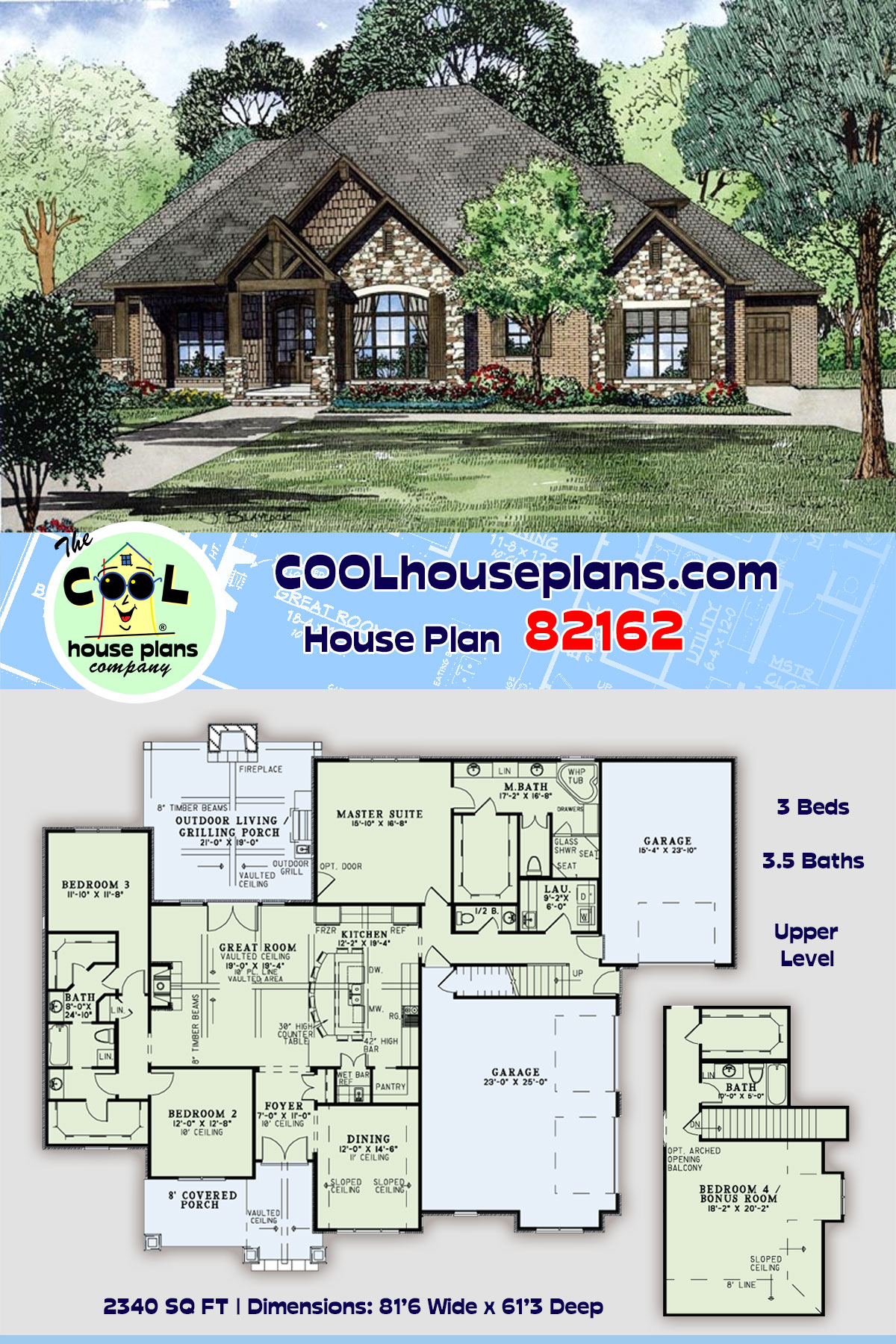 Craftsman, European House Plan 82162 with 3 Beds, 4 Baths, 3 Car Garage