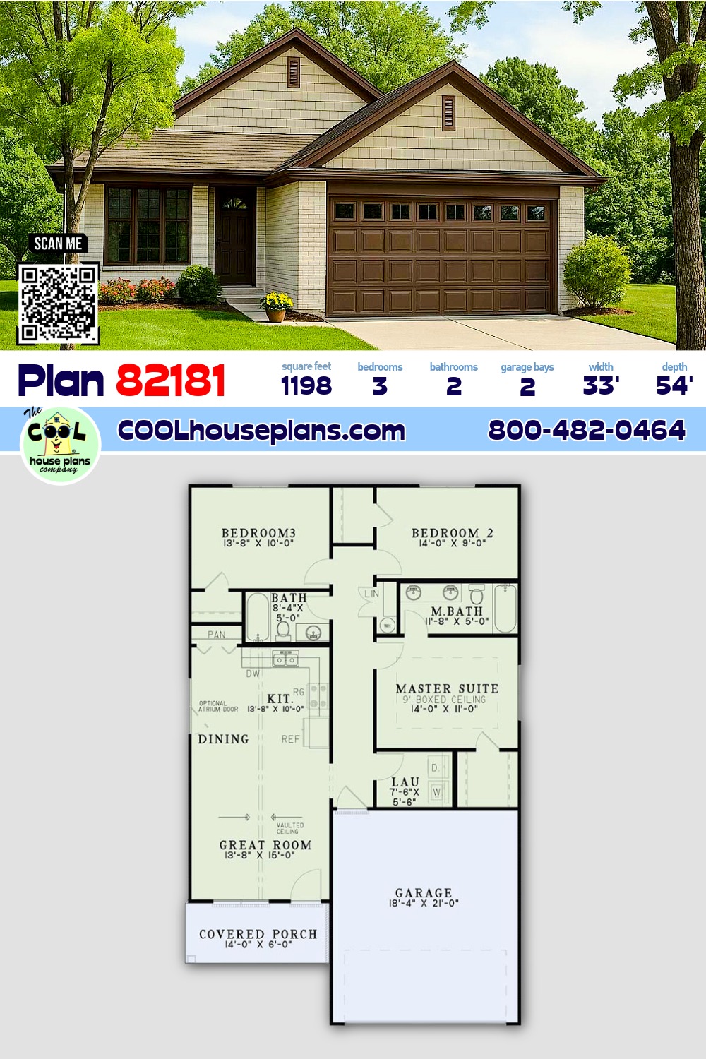 Craftsman House Plan 82181 with 3 Beds, 2 Baths, 2 Car Garage