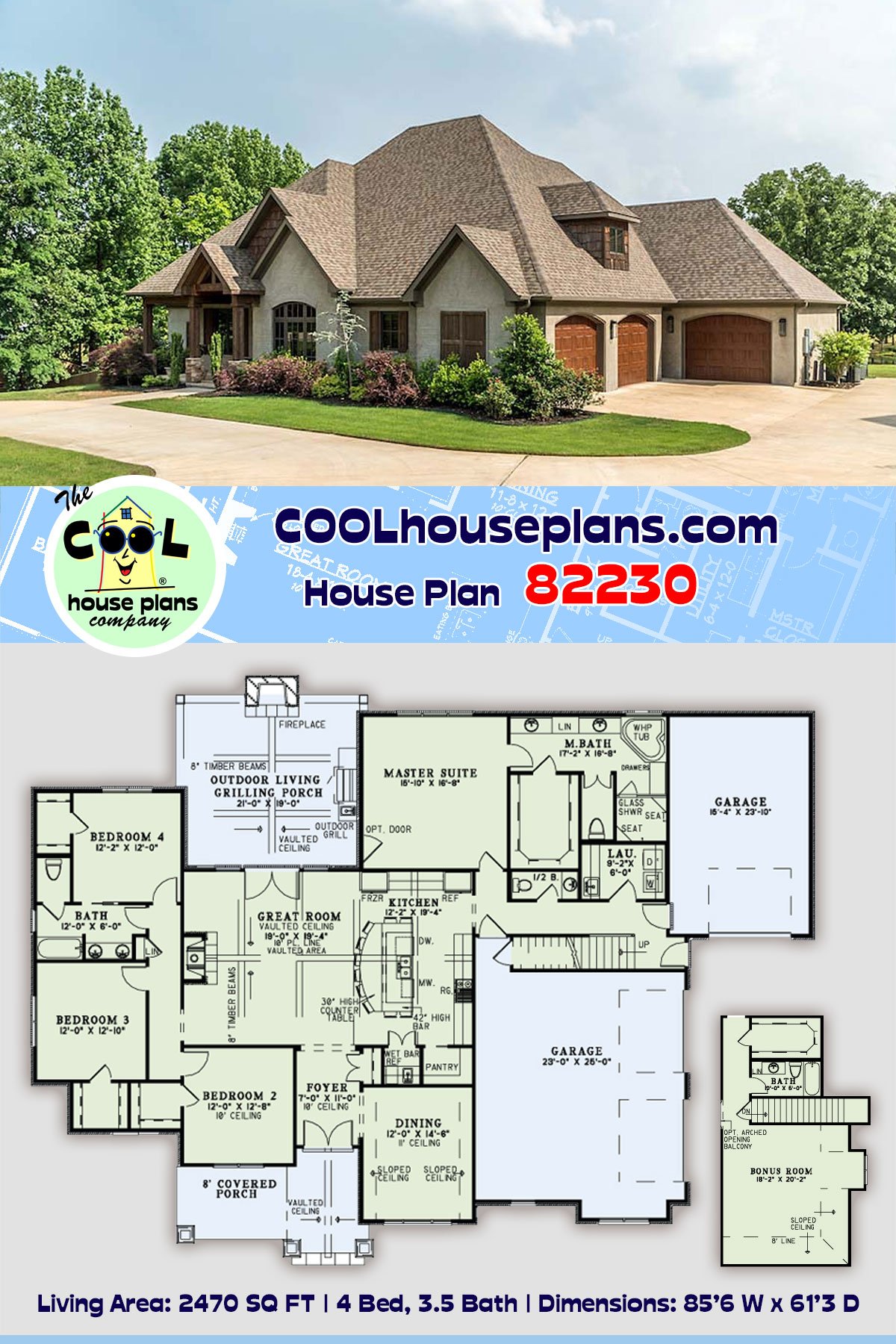 Craftsman, European House Plan 82230 with 4 Beds, 4 Baths, 3 Car Garage