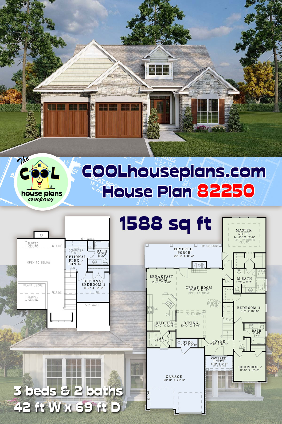 Country, Craftsman, European, Narrow Lot House Plan 82250 with 3 Beds, 2 Baths, 2 Car Garage