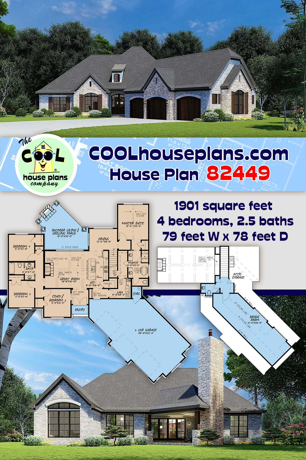 European, French Country, New American House Plan 82449 with 4 Beds, 3 Baths, 3 Car Garage