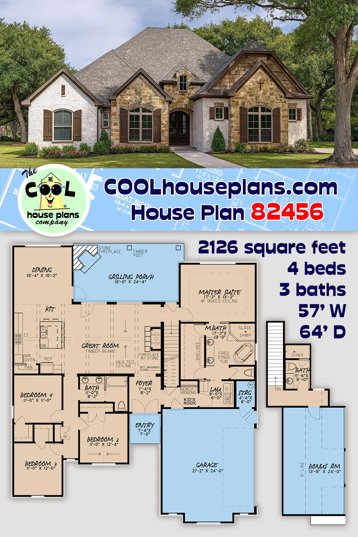 European, French Country House Plan 82456 with 4 Beds, 3 Baths, 2 Car Garage