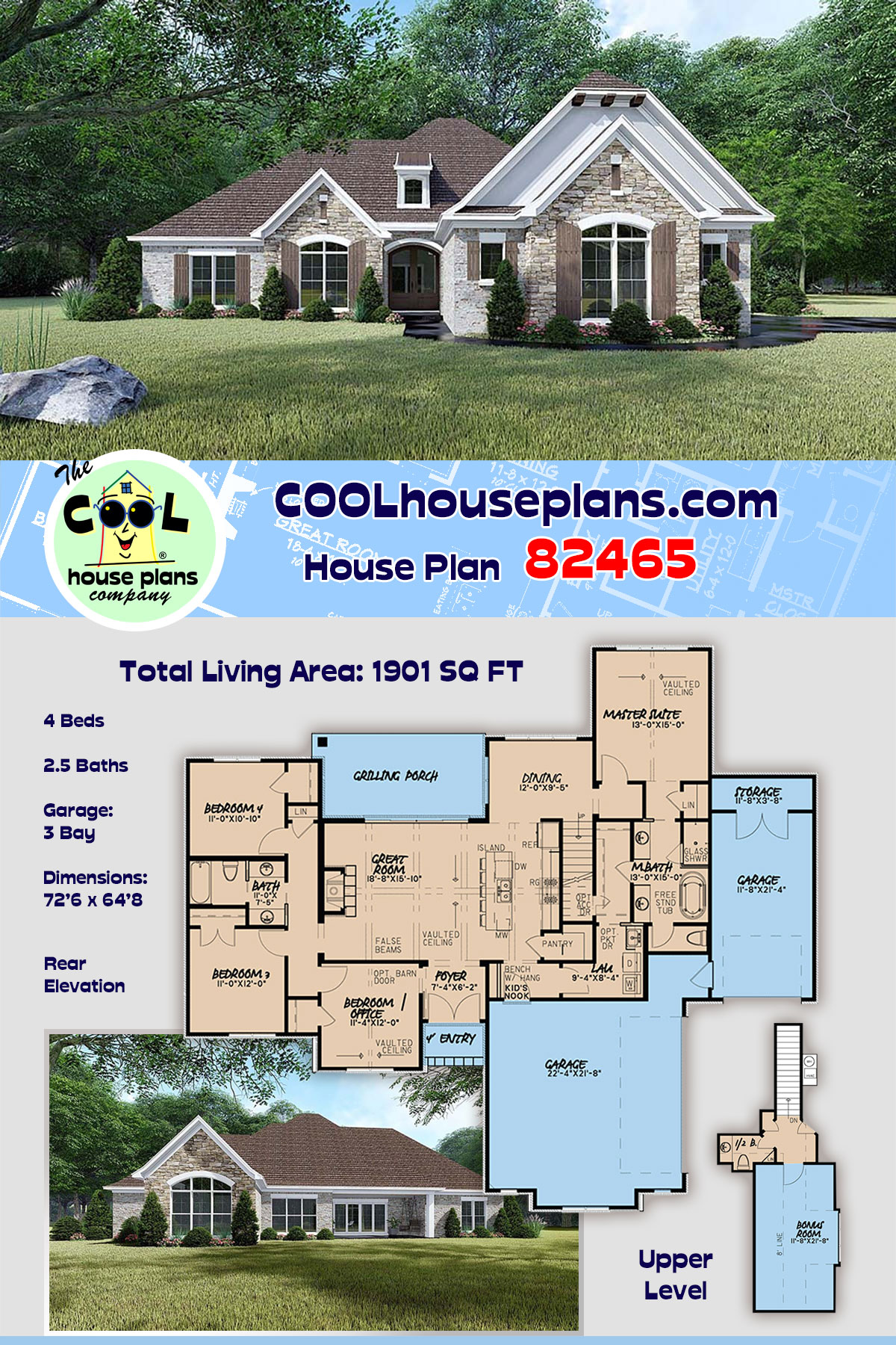 European, French Country House Plan 82465 with 4 Beds, 3 Baths, 3 Car Garage