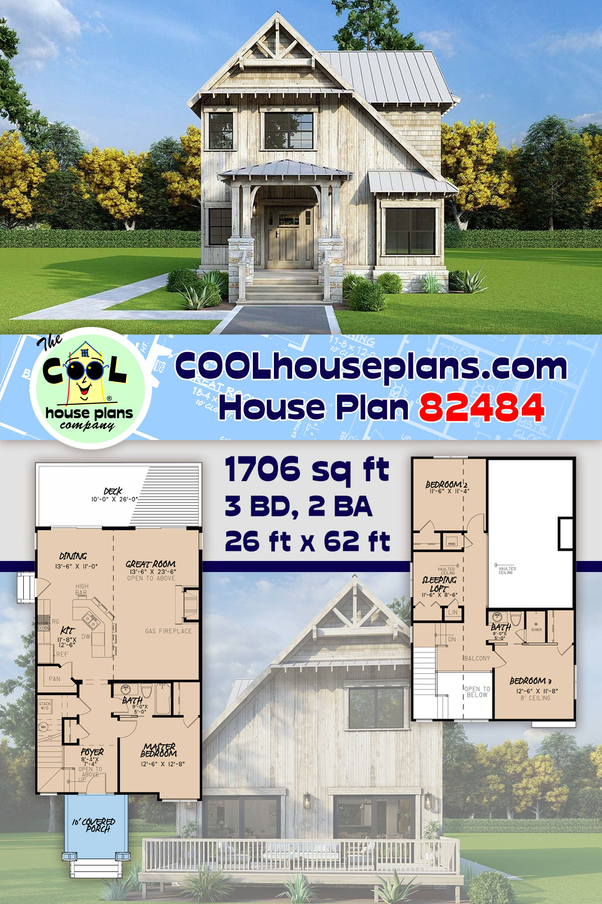 Contemporary, Cottage, Country, Craftsman, Saltbox, Southern House Plan 82484 with 3 Beds, 2 Baths