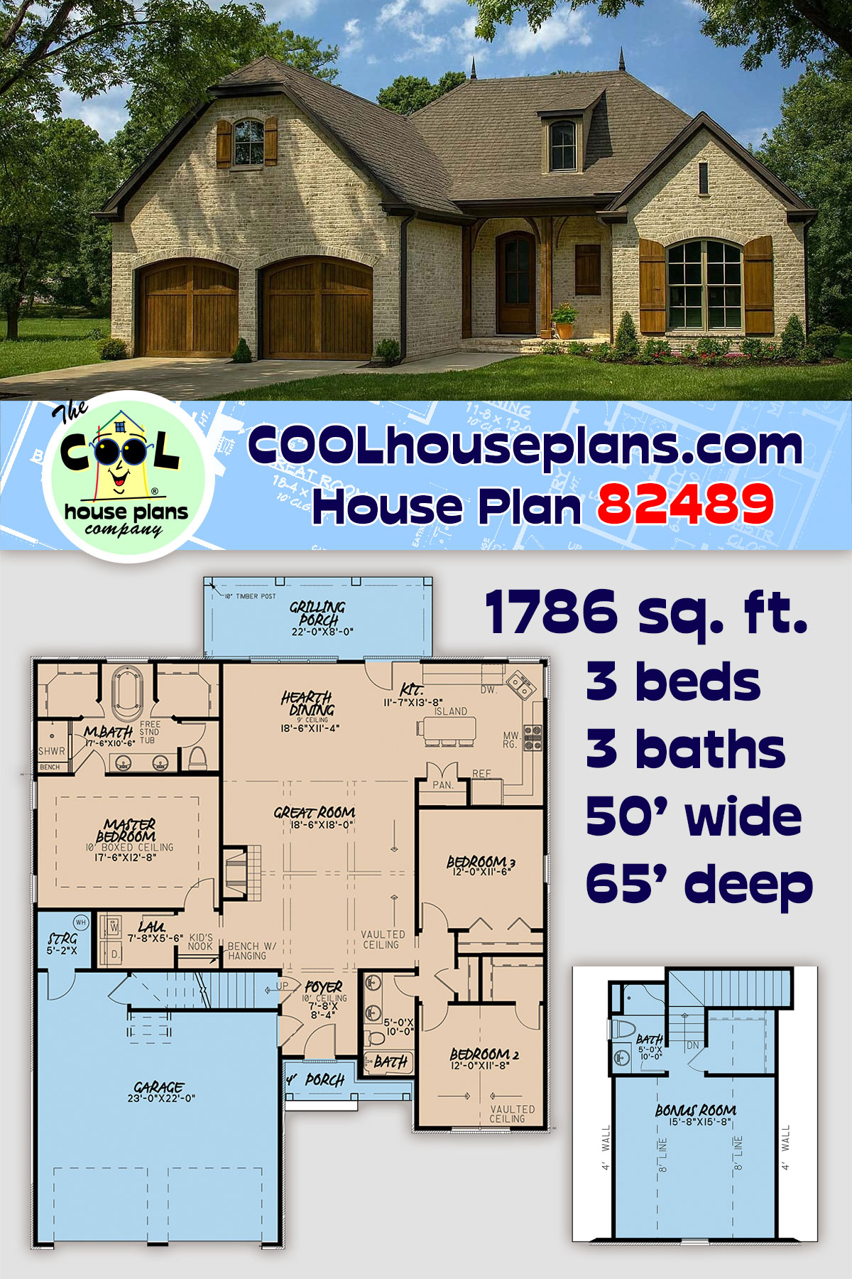 Country, Craftsman, European, French Country House Plan 82489 with 3 Beds, 3 Baths, 2 Car Garage