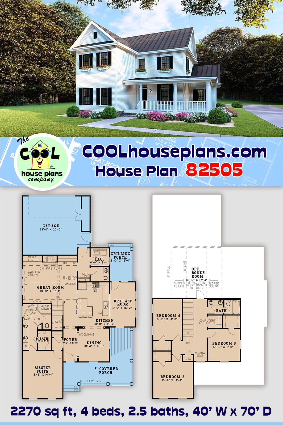 Country, Farmhouse, Southern House Plan 82505 with 4 Beds, 3 Baths, 2 Car Garage