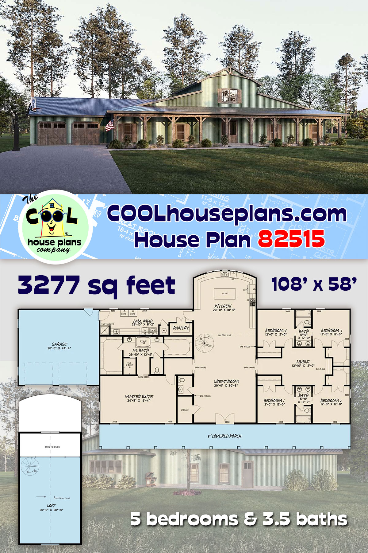 Barndominium, Farmhouse House Plan 82515 with 5 Beds, 4 Baths, 2 Car Garage