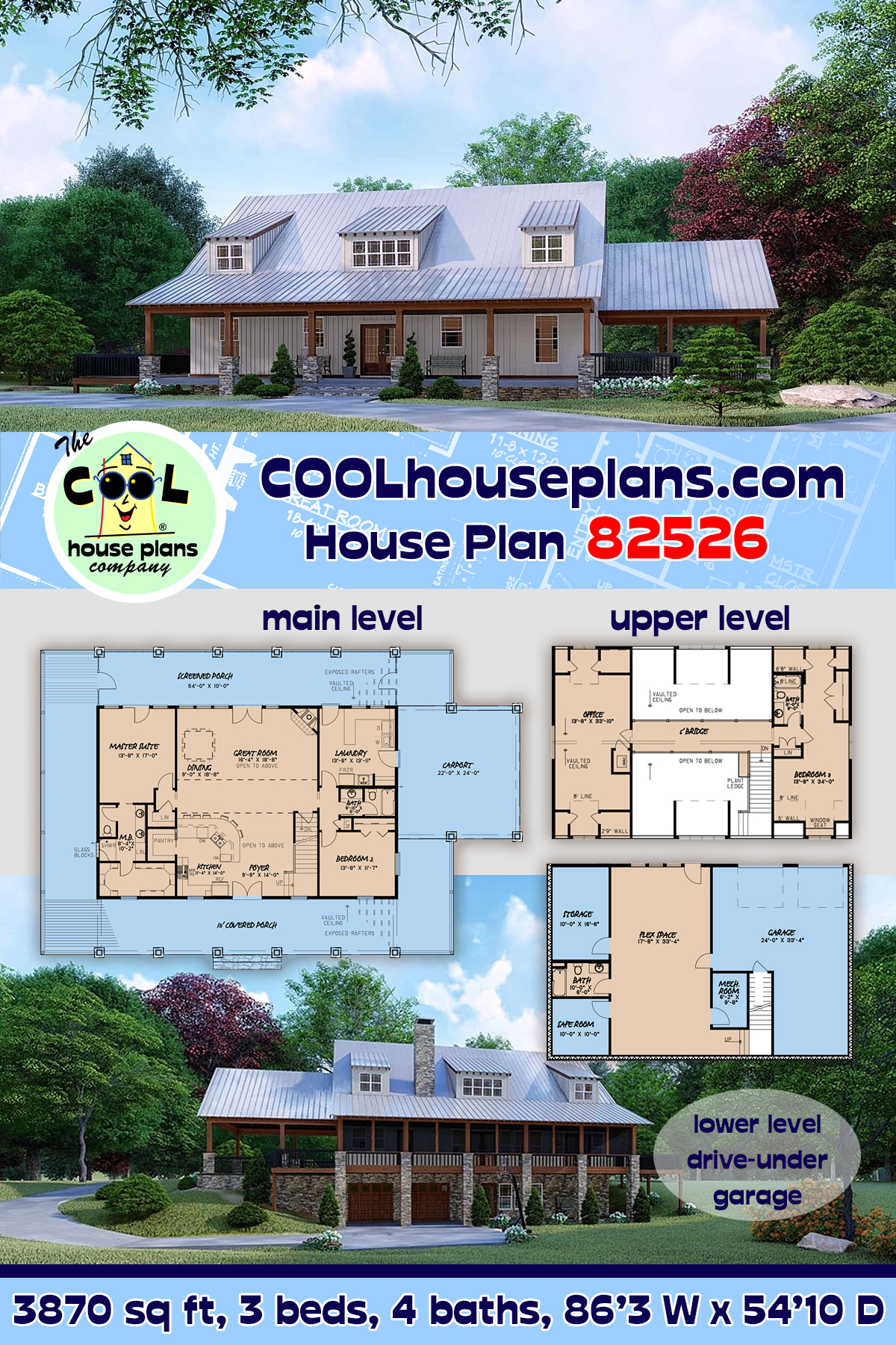 Farmhouse House Plan 82526 with 3 Beds, 4 Baths, 2 Car Garage