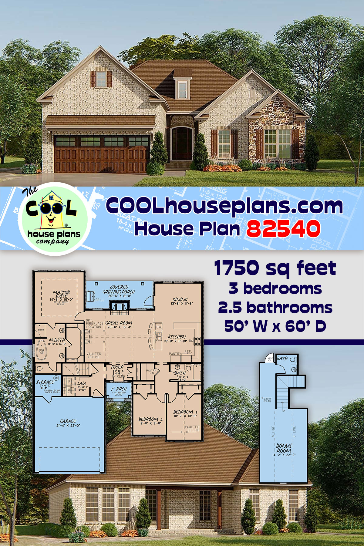 European, French Country, Traditional House Plan 82540 with 3 Beds, 3 Baths, 2 Car Garage