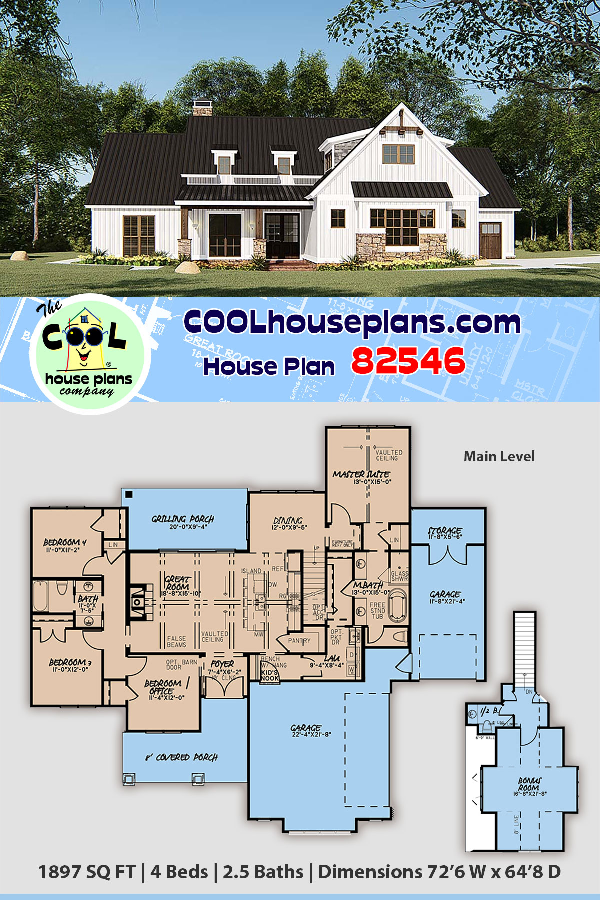 Bungalow, Craftsman, Farmhouse House Plan 82546 with 4 Beds, 3 Baths, 3 Car Garage