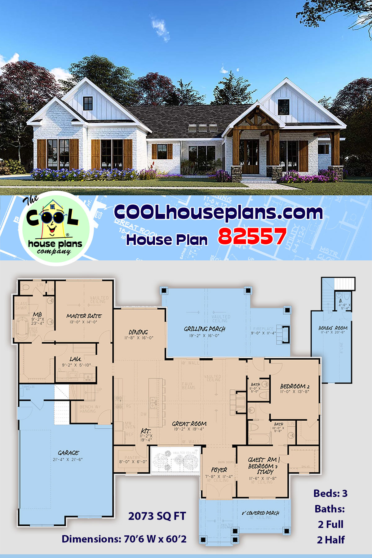 Bungalow, Craftsman, Farmhouse, One-Story House Plan 82557 with 3 Beds, 4 Baths, 2 Car Garage