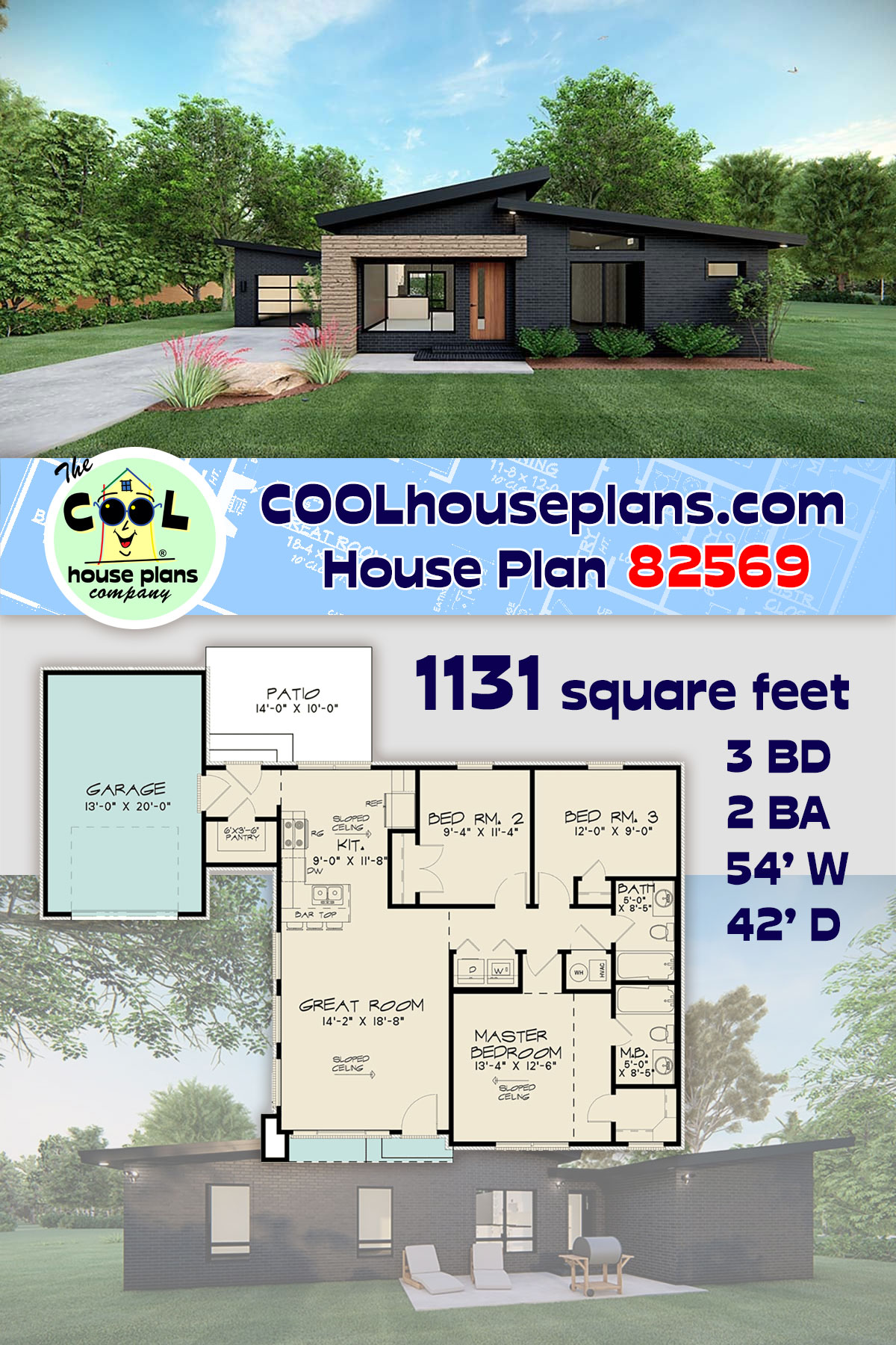 Contemporary, Modern House Plan 82569 with 3 Beds, 2 Baths, 1 Car Garage