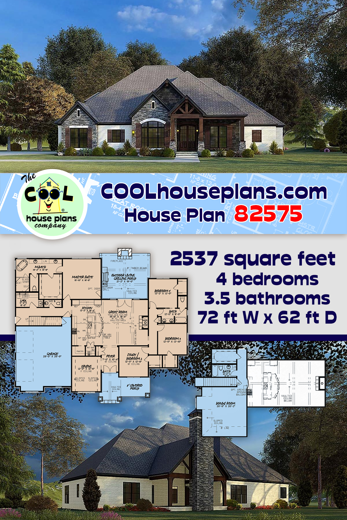 Country, Craftsman, European, Traditional House Plan 82575 with 4 Beds, 4 Baths, 2 Car Garage