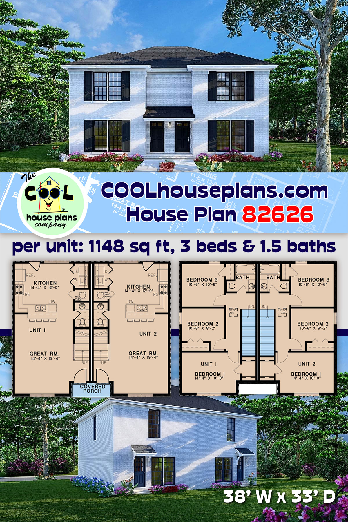 Traditional Multi-Family Plan 82626 with 3 Beds, 2 Baths