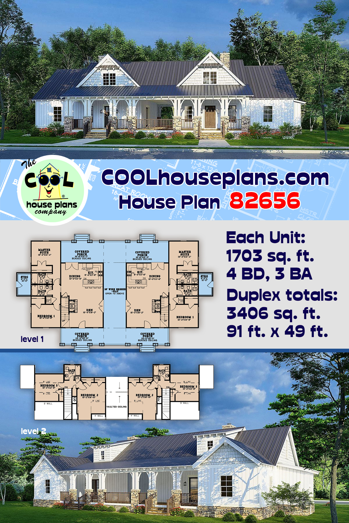Bungalow, Cabin, Cottage, Country, Craftsman, Farmhouse Multi-Family Plan 82656 with 4 Beds, 3 Baths