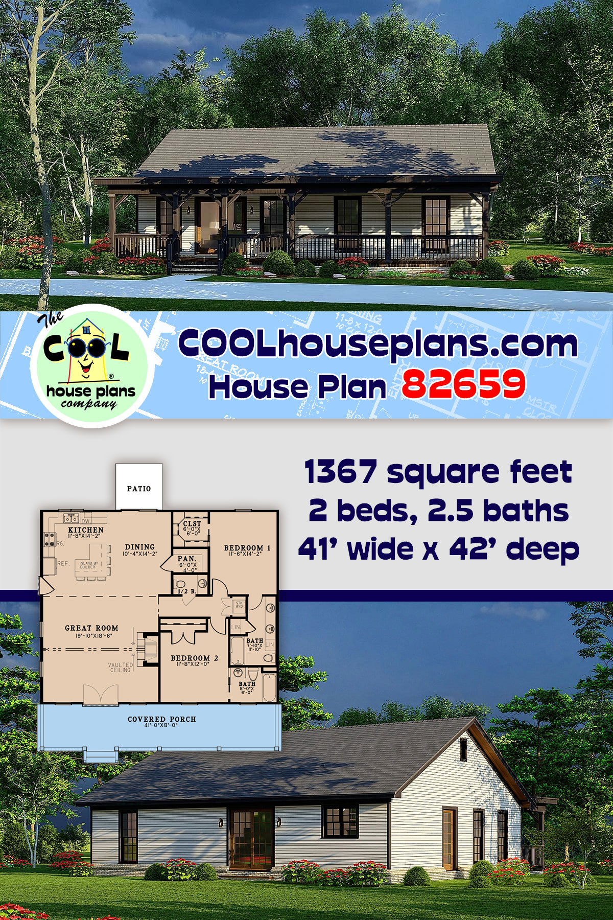 Cabin, Country, Farmhouse, Southern, Traditional House Plan 82659 with 2 Beds, 3 Baths